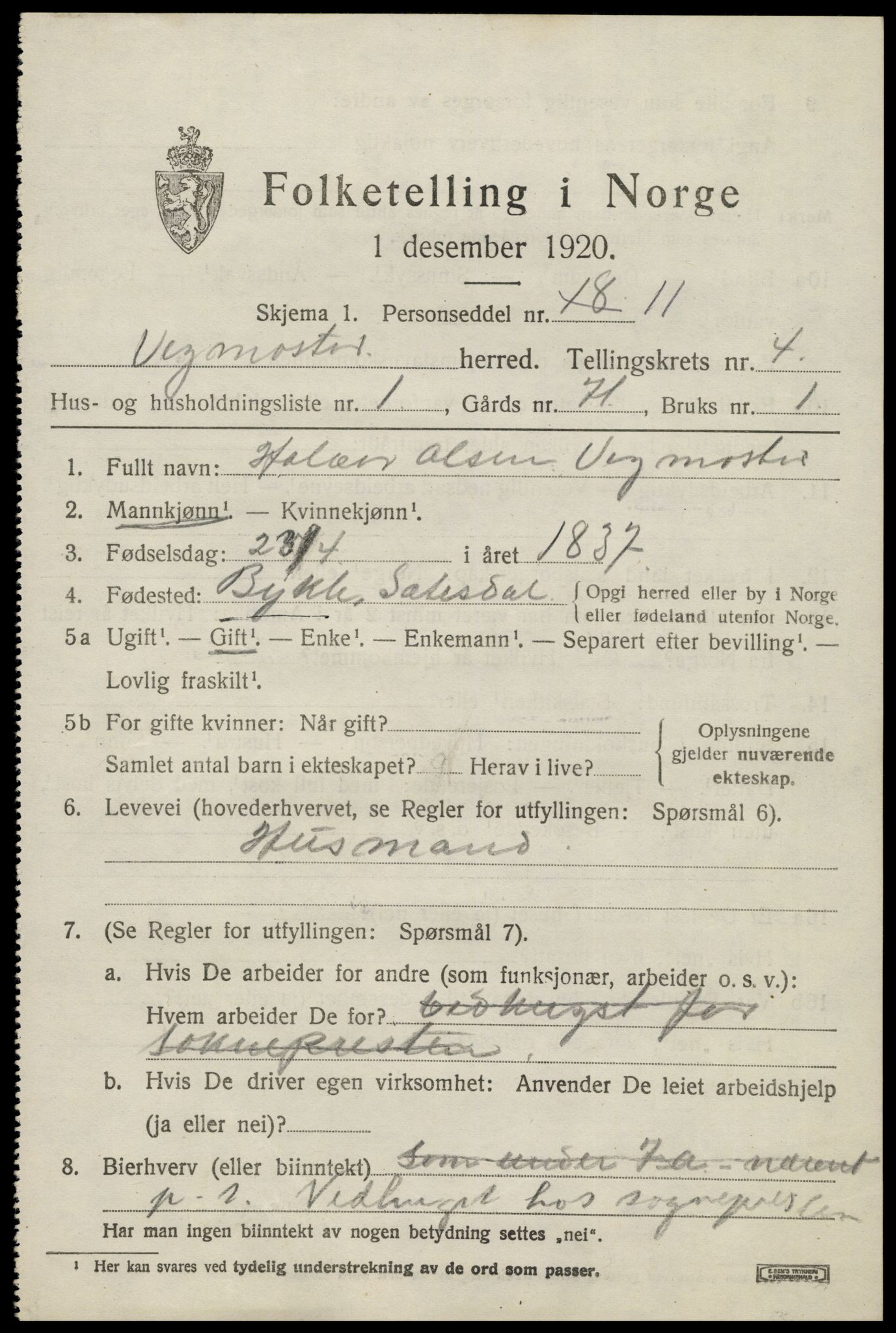 SAK, 1920 census for Vigmostad, 1920, p. 1193