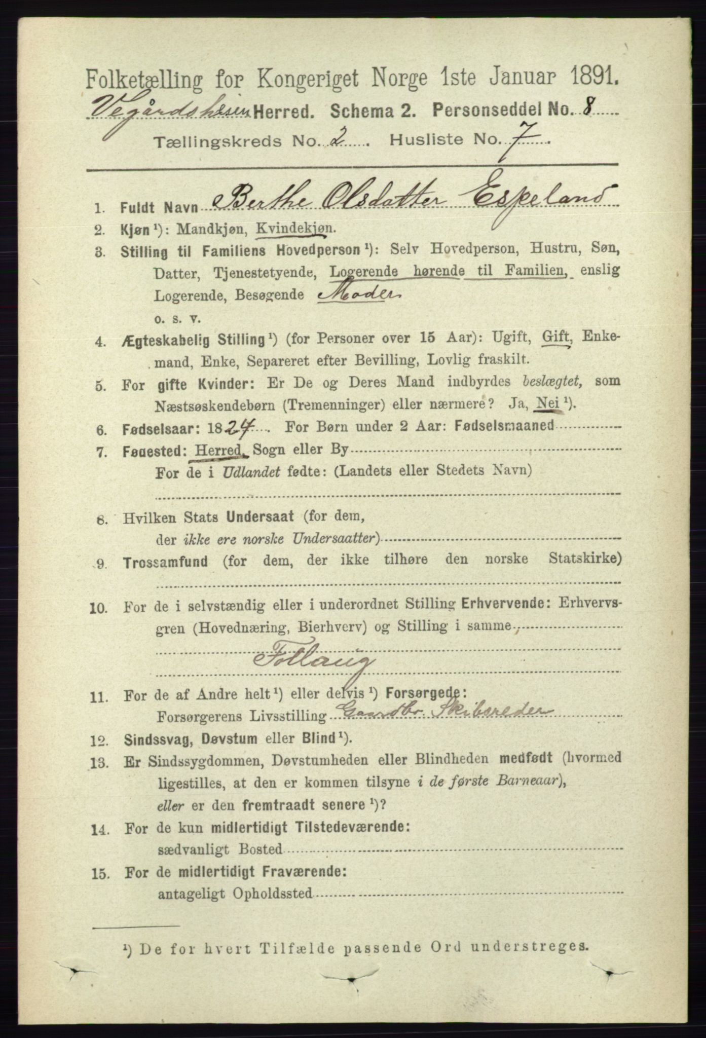RA, 1891 census for 0912 Vegårshei, 1891, p. 423