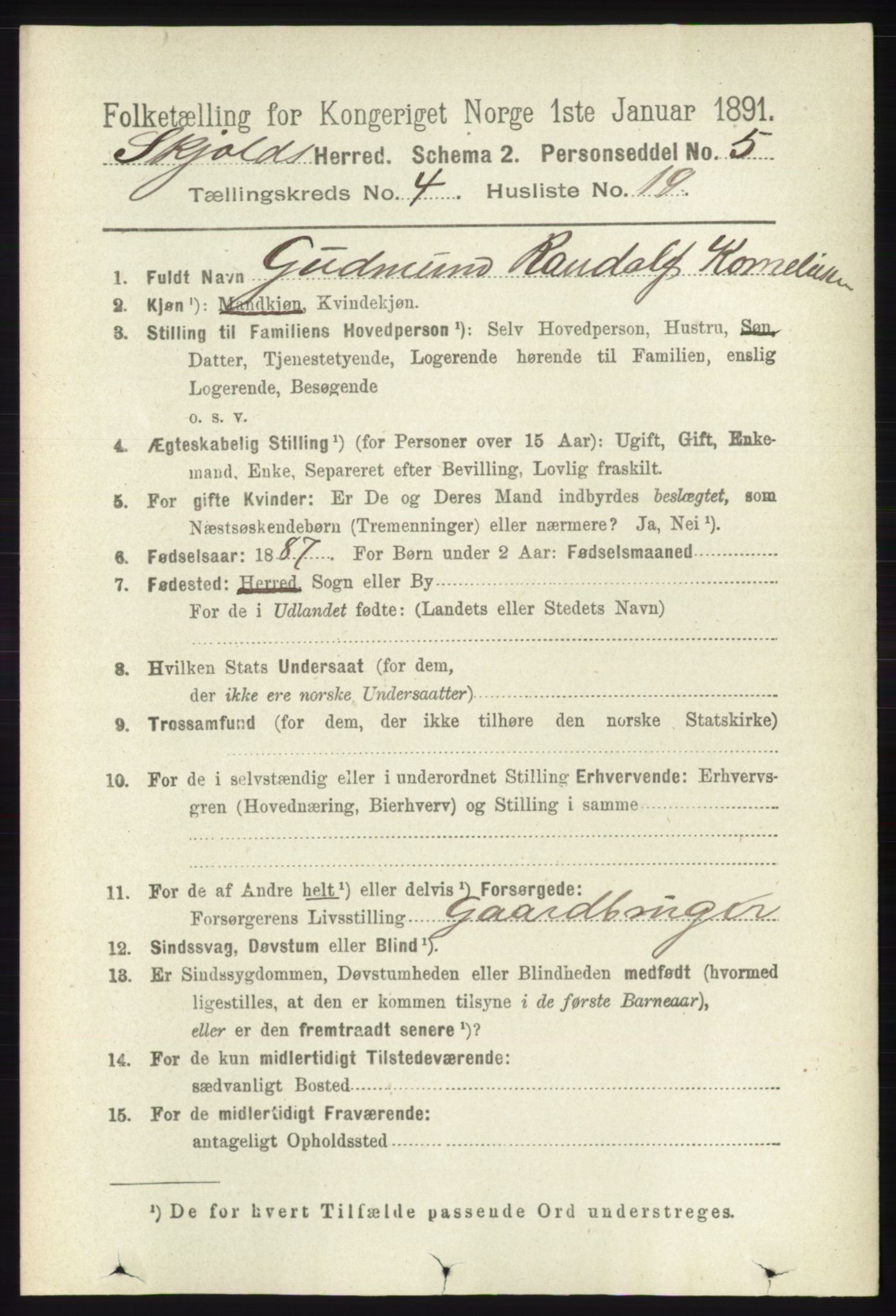 RA, 1891 census for 1154 Skjold, 1891, p. 634