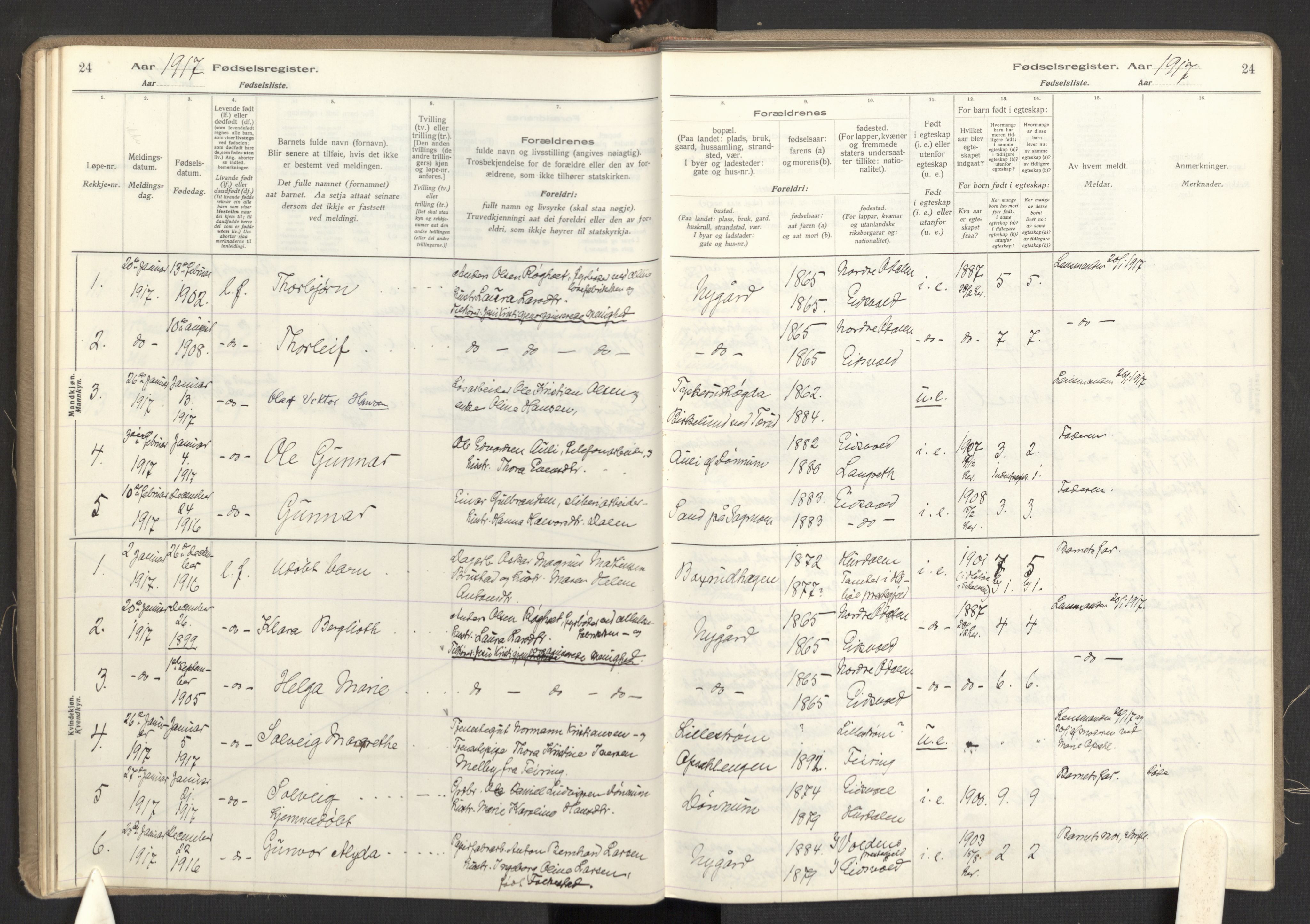 Eidsvoll prestekontor Kirkebøker, SAO/A-10888: Birth register no. I 1, 1916-1924, p. 24