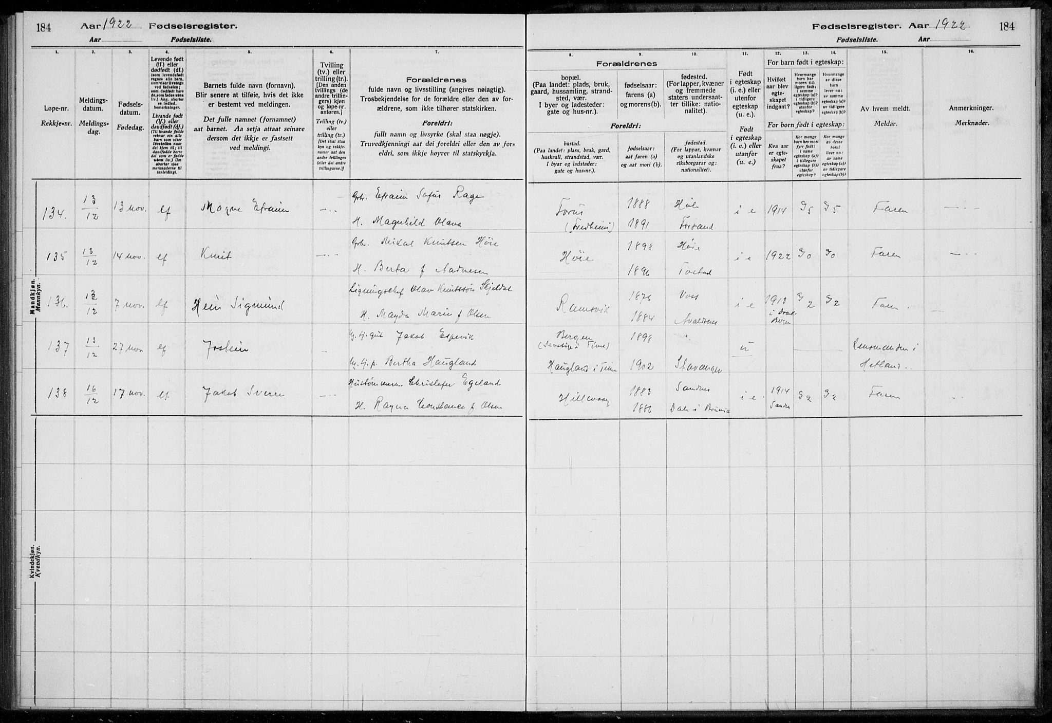 Hetland sokneprestkontor, AV/SAST-A-101826/70/704BA/L0003: Birth register no. 1, 1916-1923, p. 184