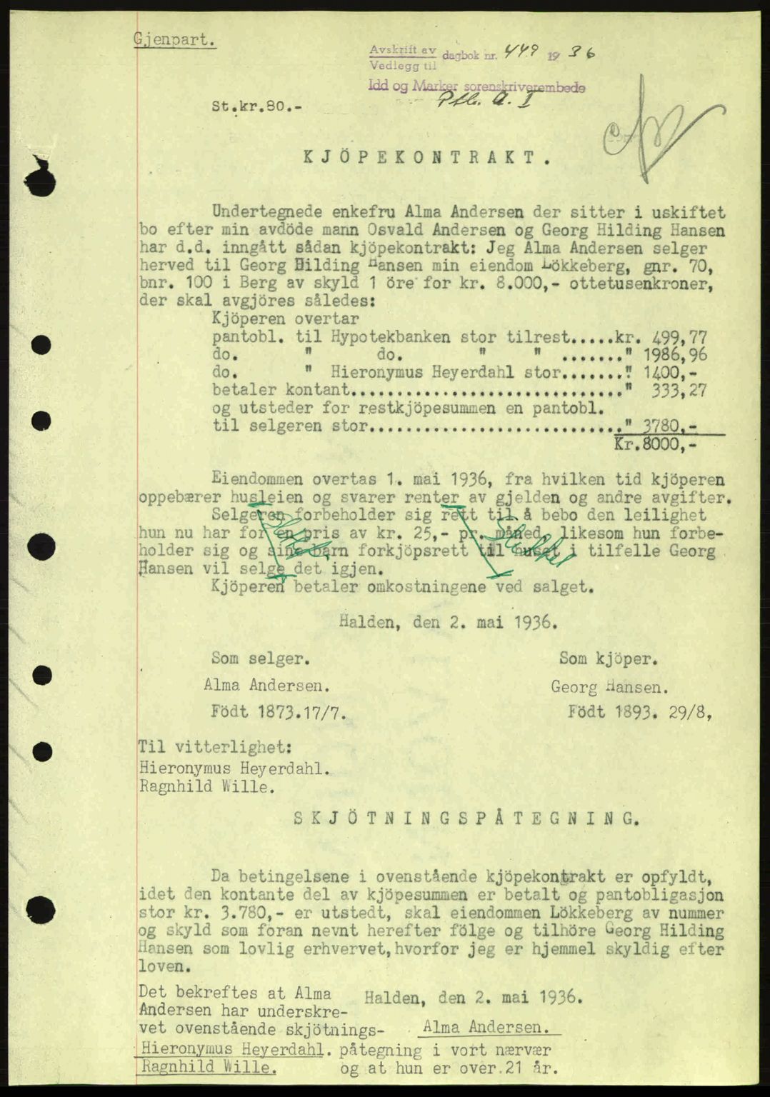 Idd og Marker sorenskriveri, AV/SAO-A-10283/G/Gb/Gbb/L0001: Mortgage book no. A1, 1936-1937, Diary no: : 449/1936