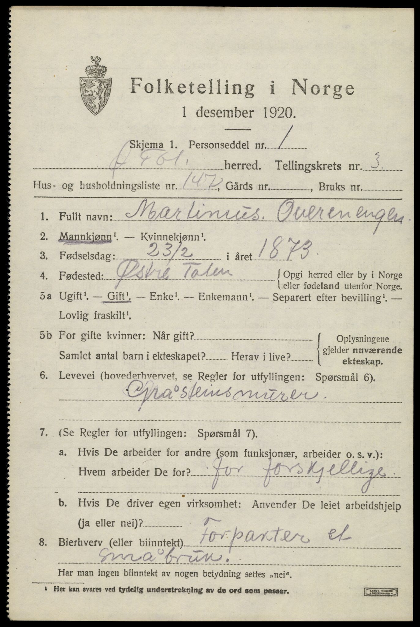 SAH, 1920 census for Østre Toten, 1920, p. 7642