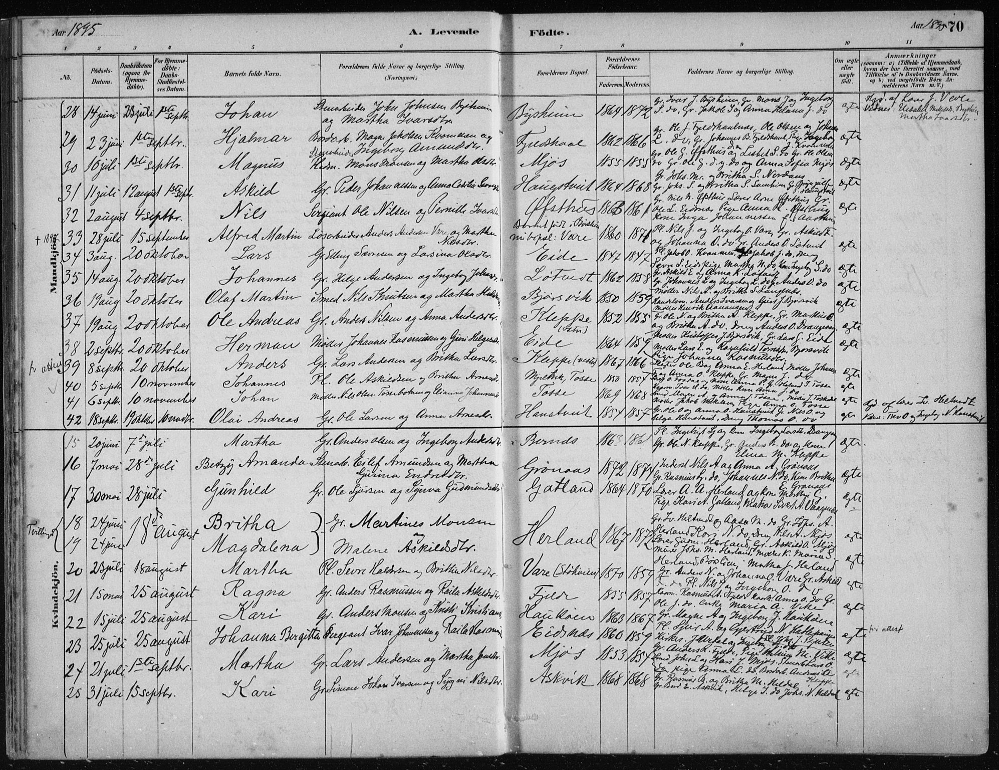 Hosanger sokneprestembete, AV/SAB-A-75801/H/Haa: Parish register (official) no. B  1, 1880-1896, p. 70