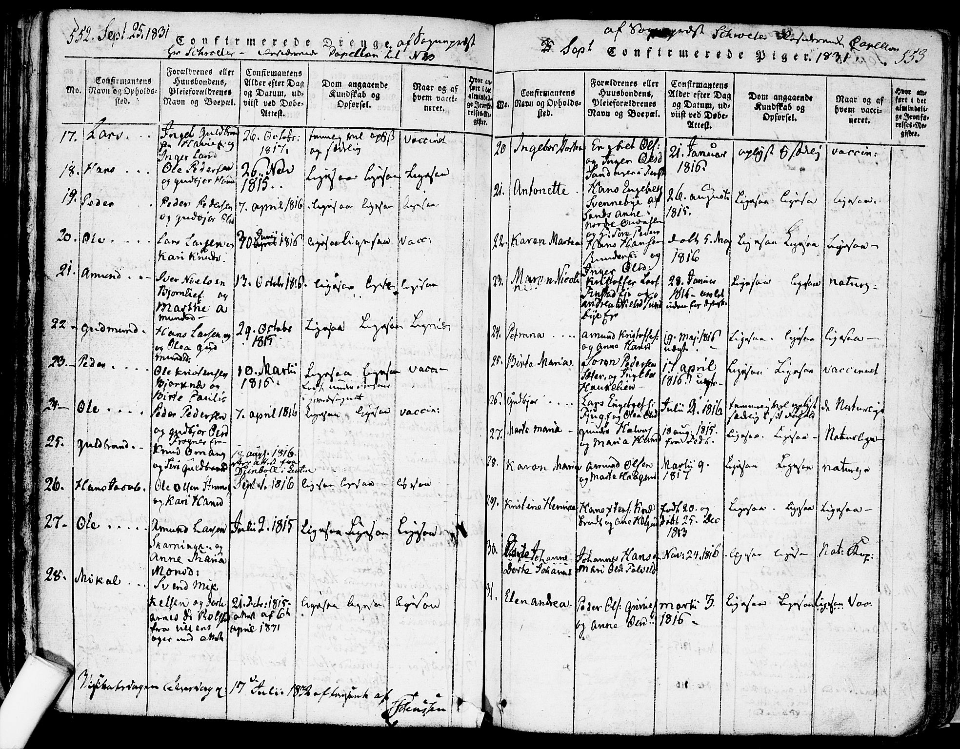 Nes prestekontor Kirkebøker, SAO/A-10410/F/Fa/L0005: Parish register (official) no. I 5, 1815-1835, p. 552-553