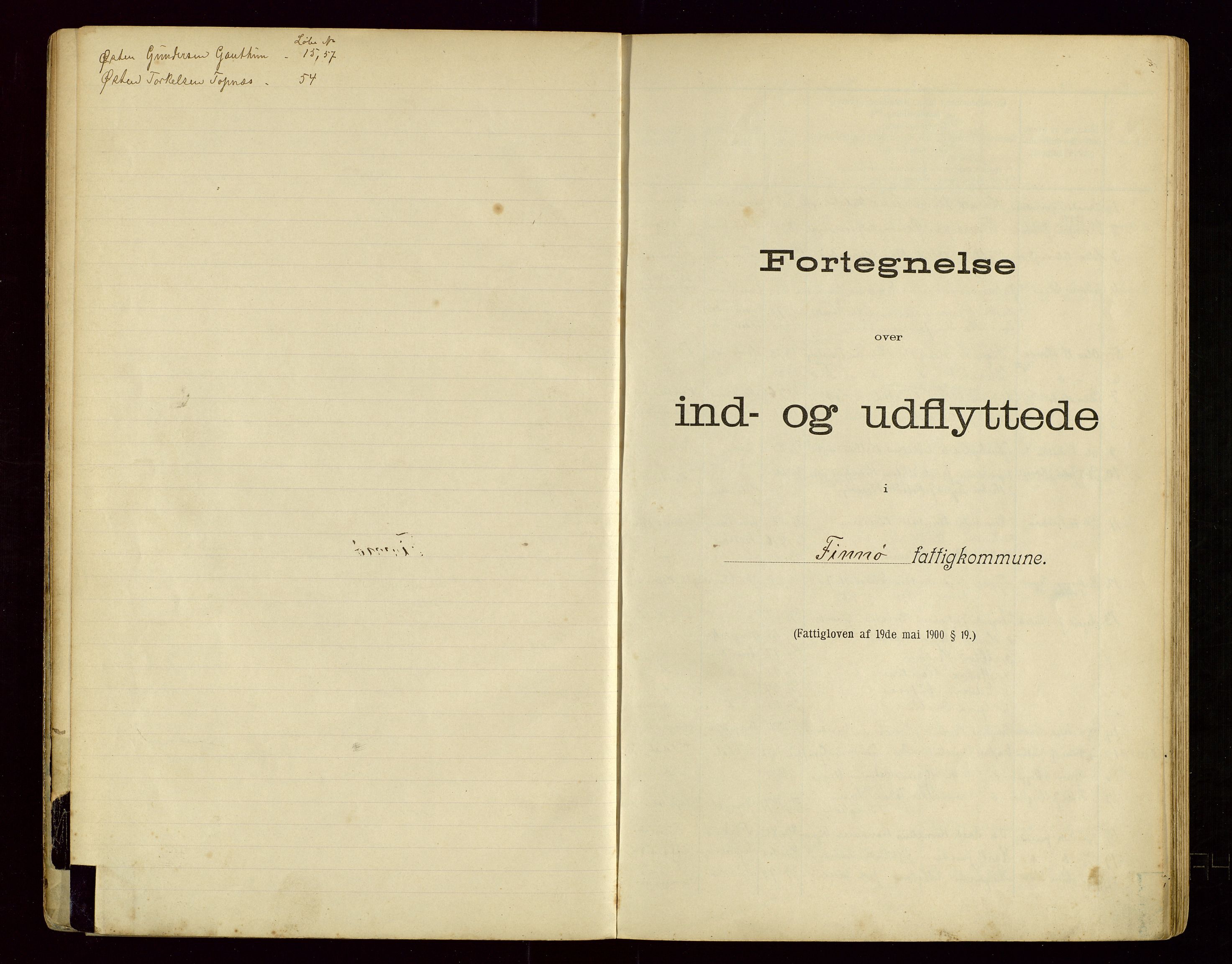 Finnøy lensmannskontor, SAST/A-100442/Gwa/L0001: Fortegnelse over inn- og utflyttede-Finnøy, 1901-1943