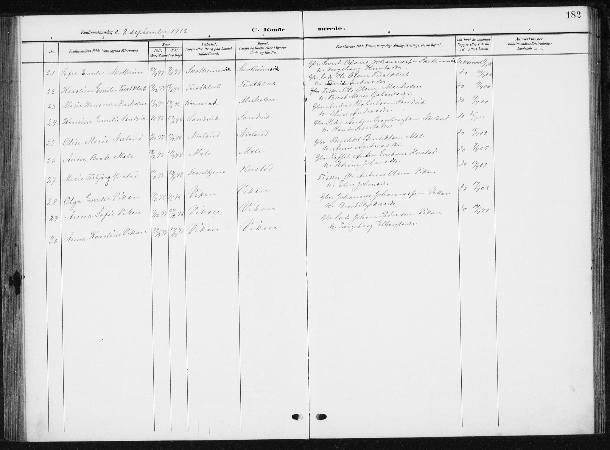 Ministerialprotokoller, klokkerbøker og fødselsregistre - Møre og Romsdal, AV/SAT-A-1454/567/L0784: Parish register (copy) no. 567C04, 1903-1938, p. 182