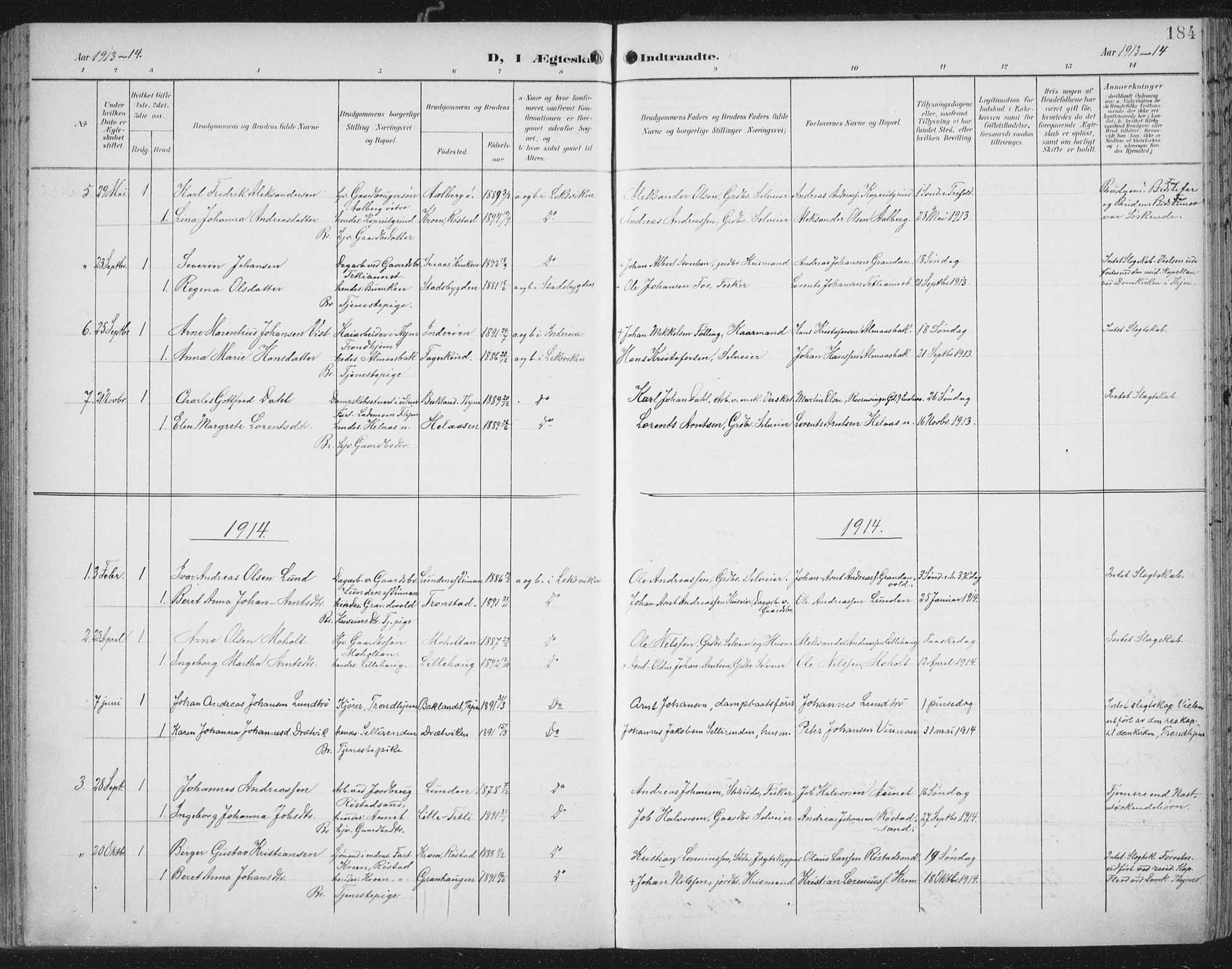 Ministerialprotokoller, klokkerbøker og fødselsregistre - Nord-Trøndelag, SAT/A-1458/701/L0011: Parish register (official) no. 701A11, 1899-1915, p. 184