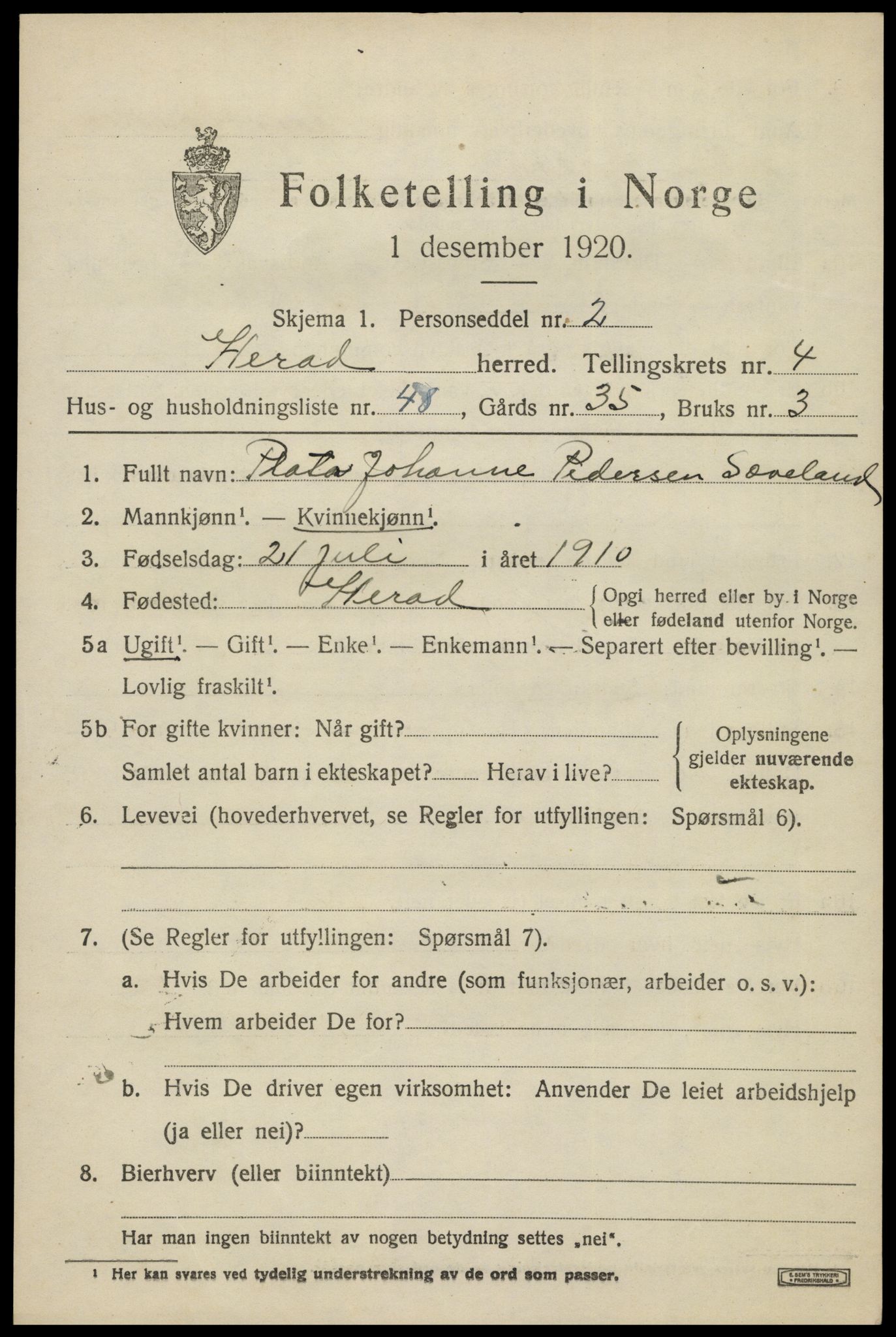 SAK, 1920 census for Herad, 1920, p. 2198