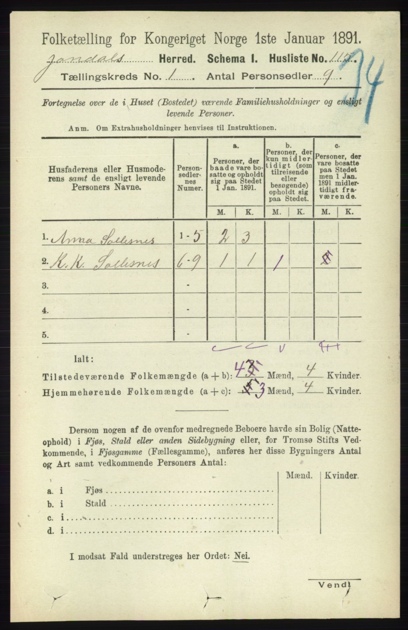 RA, 1891 census for 1227 Jondal, 1891, p. 131