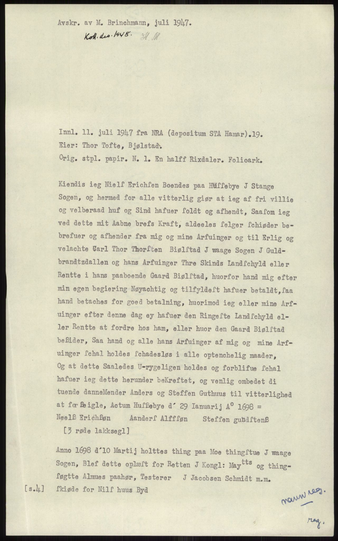 Samlinger til kildeutgivelse, Diplomavskriftsamlingen, AV/RA-EA-4053/H/Ha, p. 283