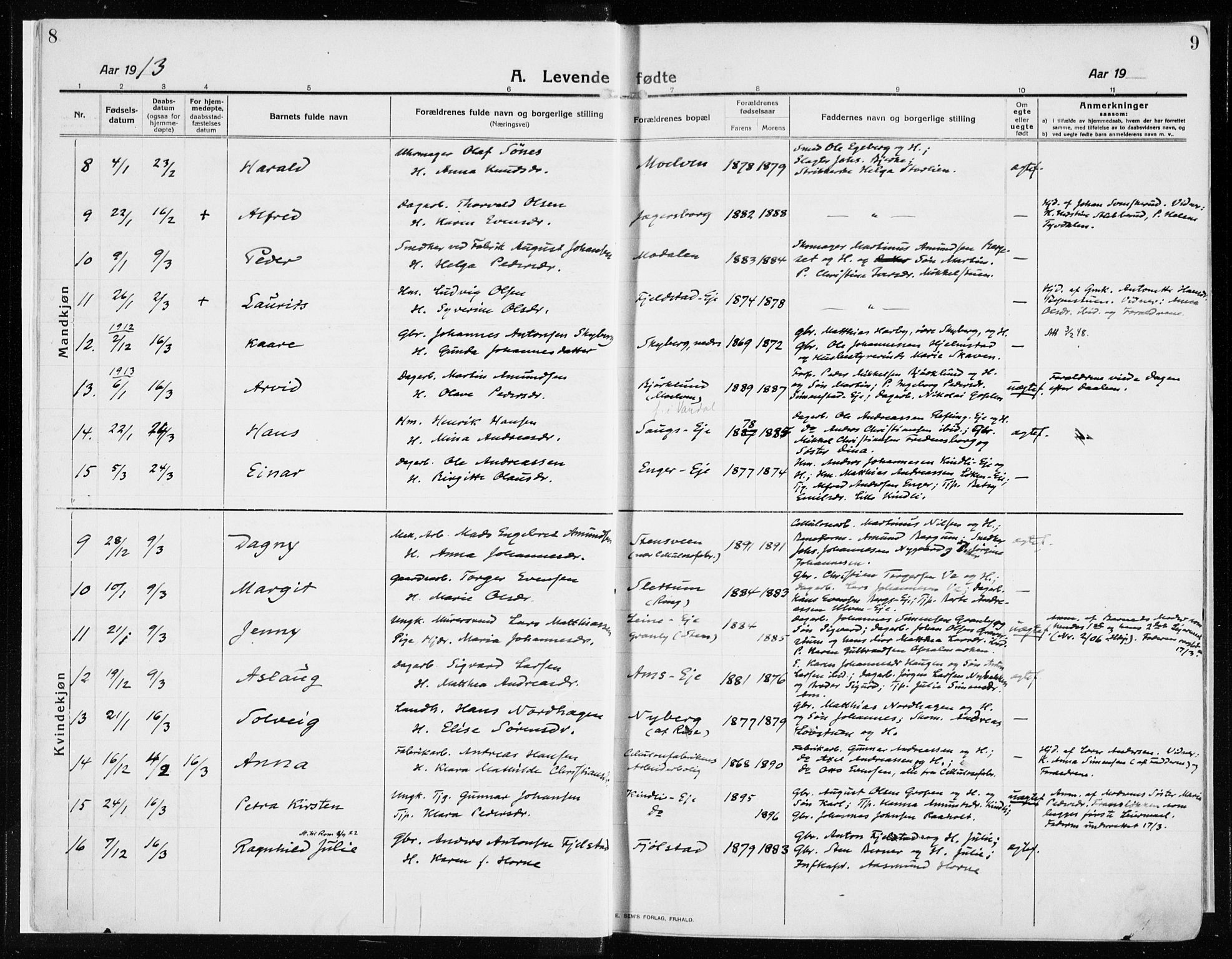 Ringsaker prestekontor, AV/SAH-PREST-014/K/Ka/L0020: Parish register (official) no. 20, 1913-1922, p. 8-9