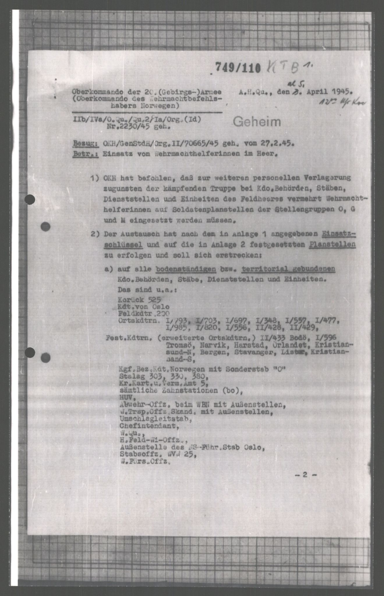 Forsvarets Overkommando. 2 kontor. Arkiv 11.4. Spredte tyske arkivsaker, AV/RA-RAFA-7031/D/Dar/Dara/L0004: Krigsdagbøker for 20. Gebirgs-Armee-Oberkommando (AOK 20), 1945, p. 403