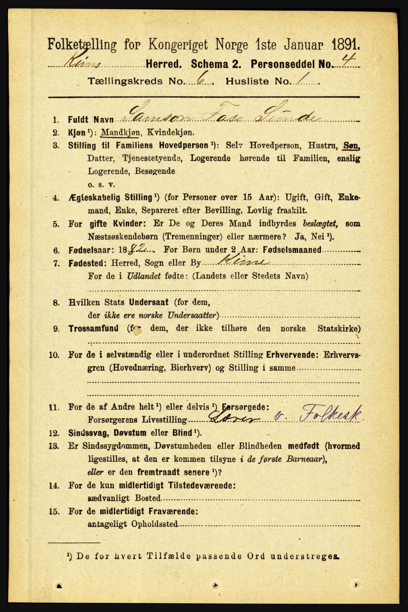 RA, 1891 census for 1437 Kinn, 1891, p. 2280