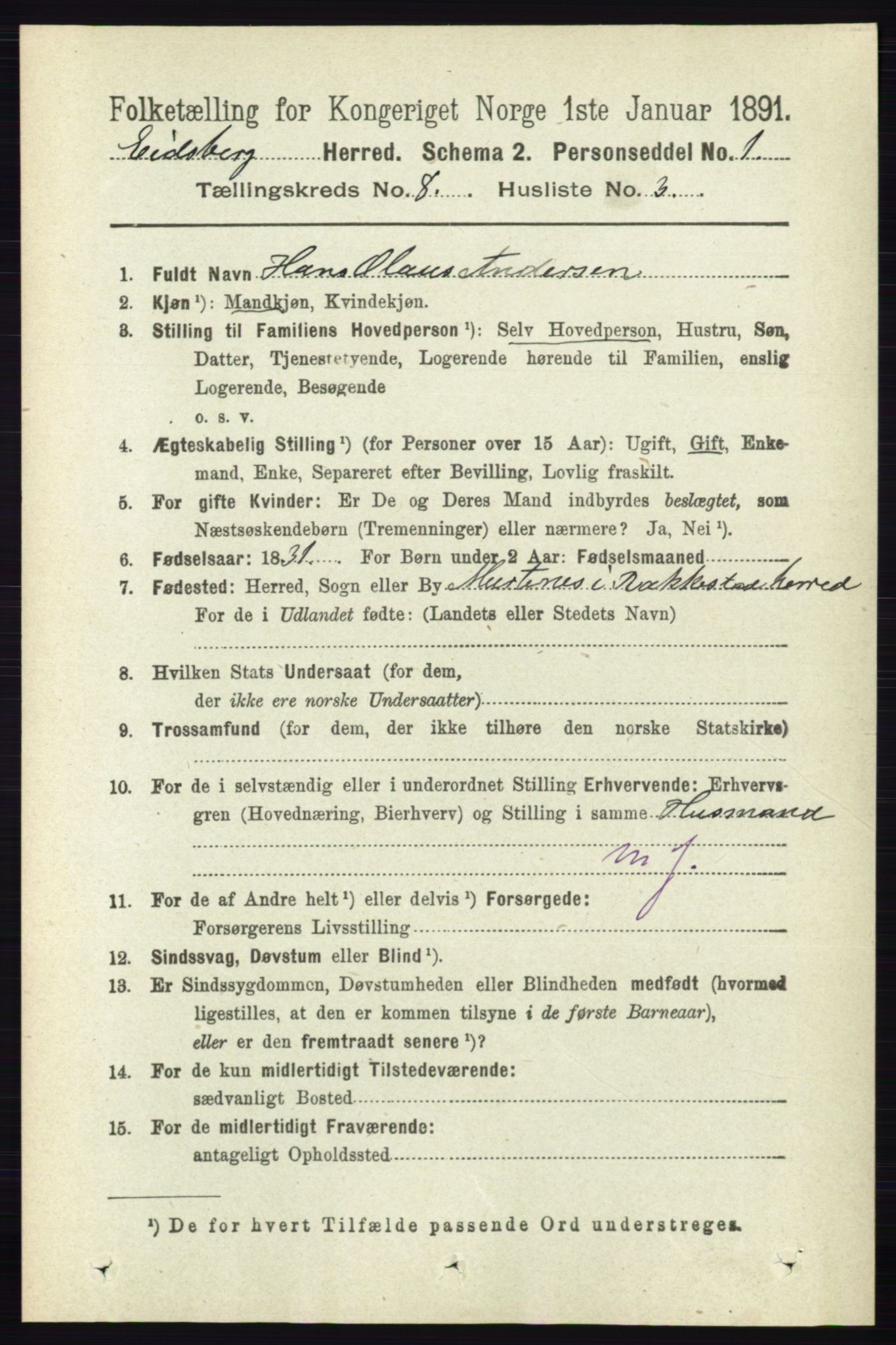 RA, 1891 census for 0125 Eidsberg, 1891, p. 4647