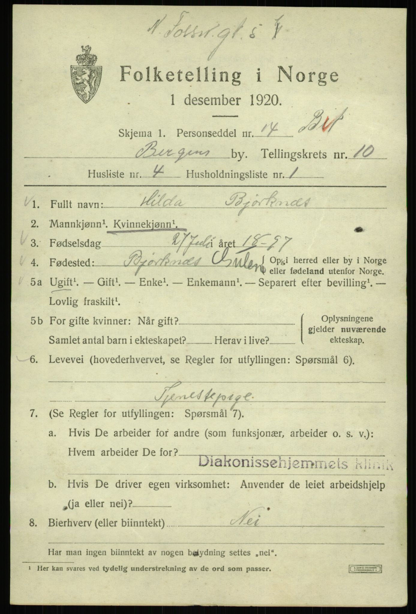 SAB, 1920 census for Bergen, 1920, p. 71393