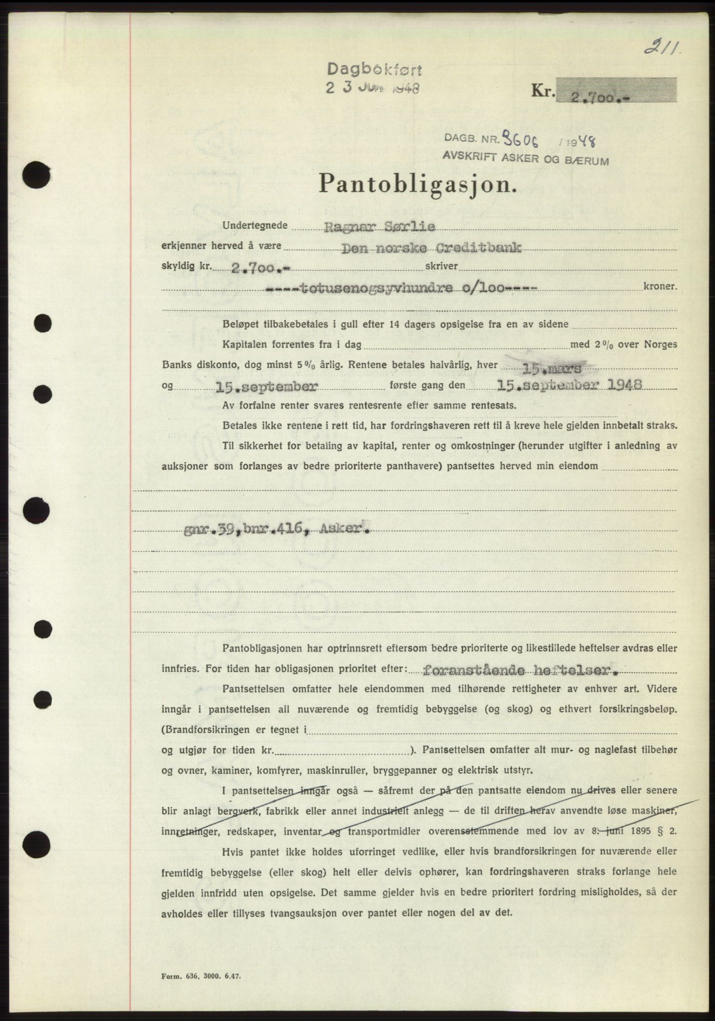Asker og Bærum sorenskriveri, AV/SAO-A-10379a/G/Gb/Gbb/L0002: Mortgage book no. B87, 1948-1948, Diary no: : 3606/1948