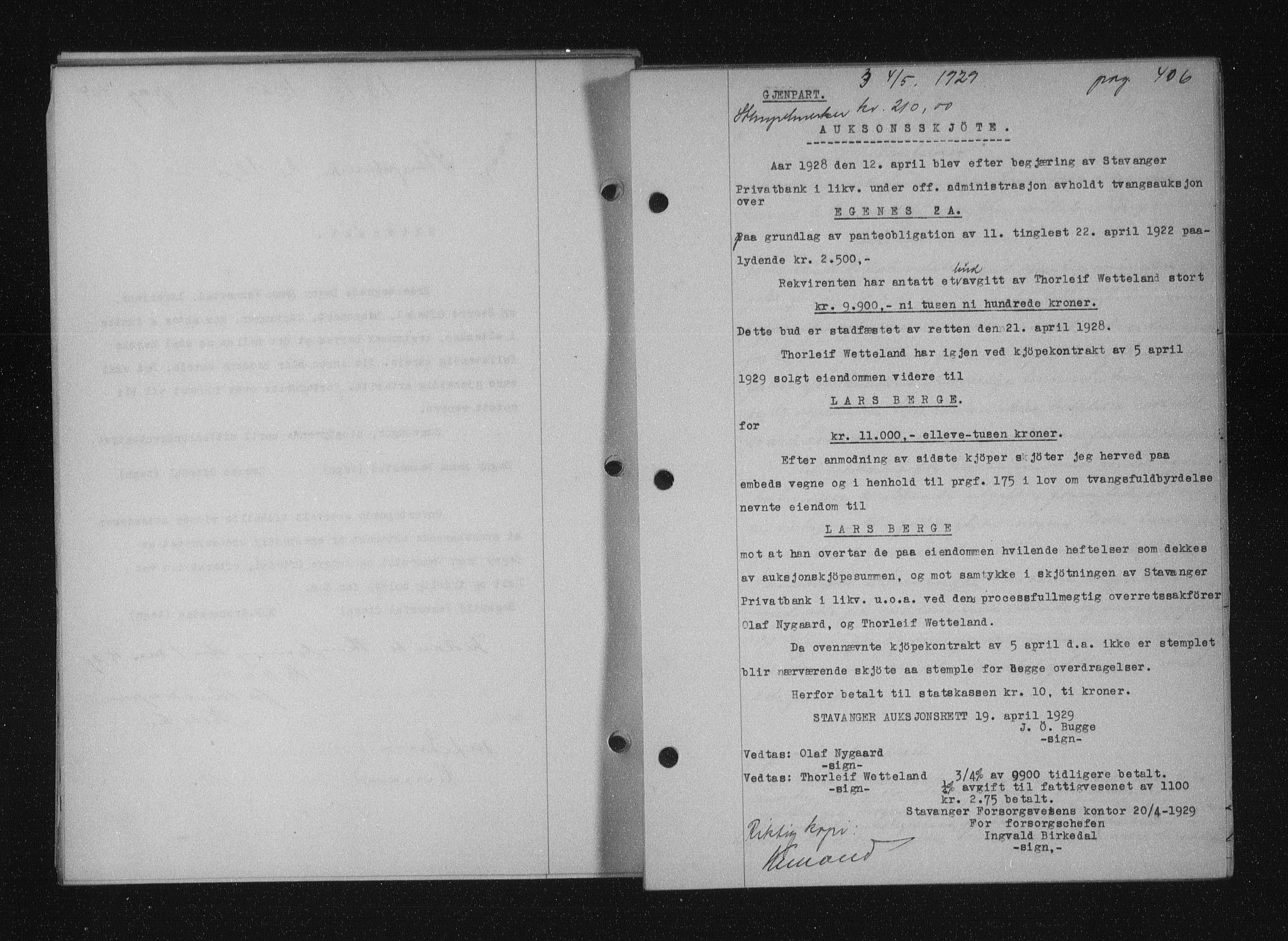 Stavanger byfogd, SAST/A-101408/001/4/41/410/410BB/L0055: Mortgage book no. 43, 1928-1929, Deed date: 04.05.1929