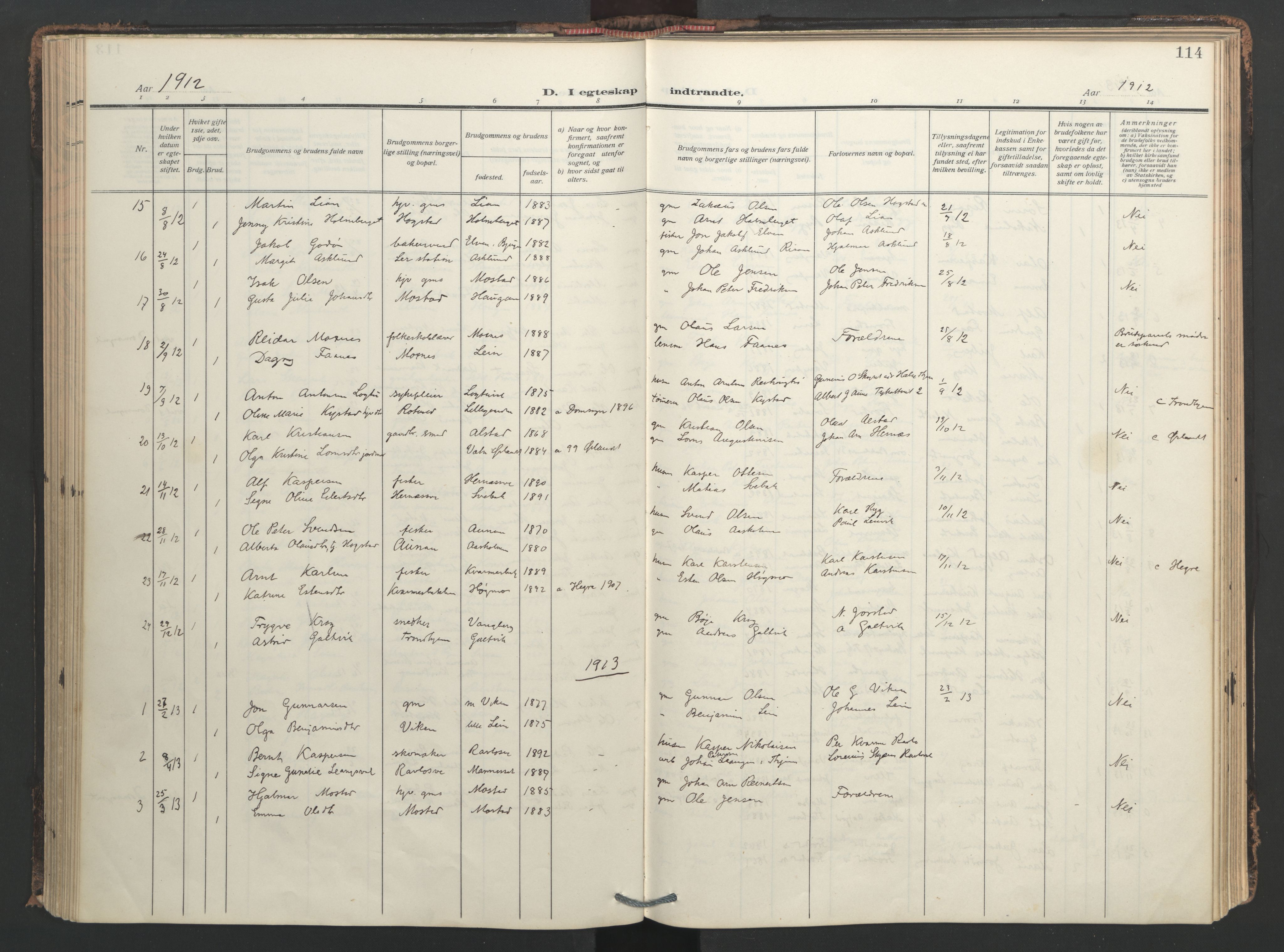 Ministerialprotokoller, klokkerbøker og fødselsregistre - Nord-Trøndelag, SAT/A-1458/713/L0123: Parish register (official) no. 713A12, 1911-1925, p. 114