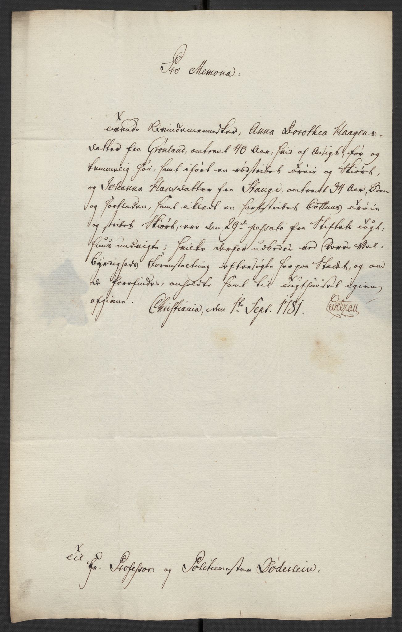 Oslo politidistrikt, AV/SAO-A-10085/D/Da/L0003: Innkomne brev, pro memoria m.v., 1781, p. 165