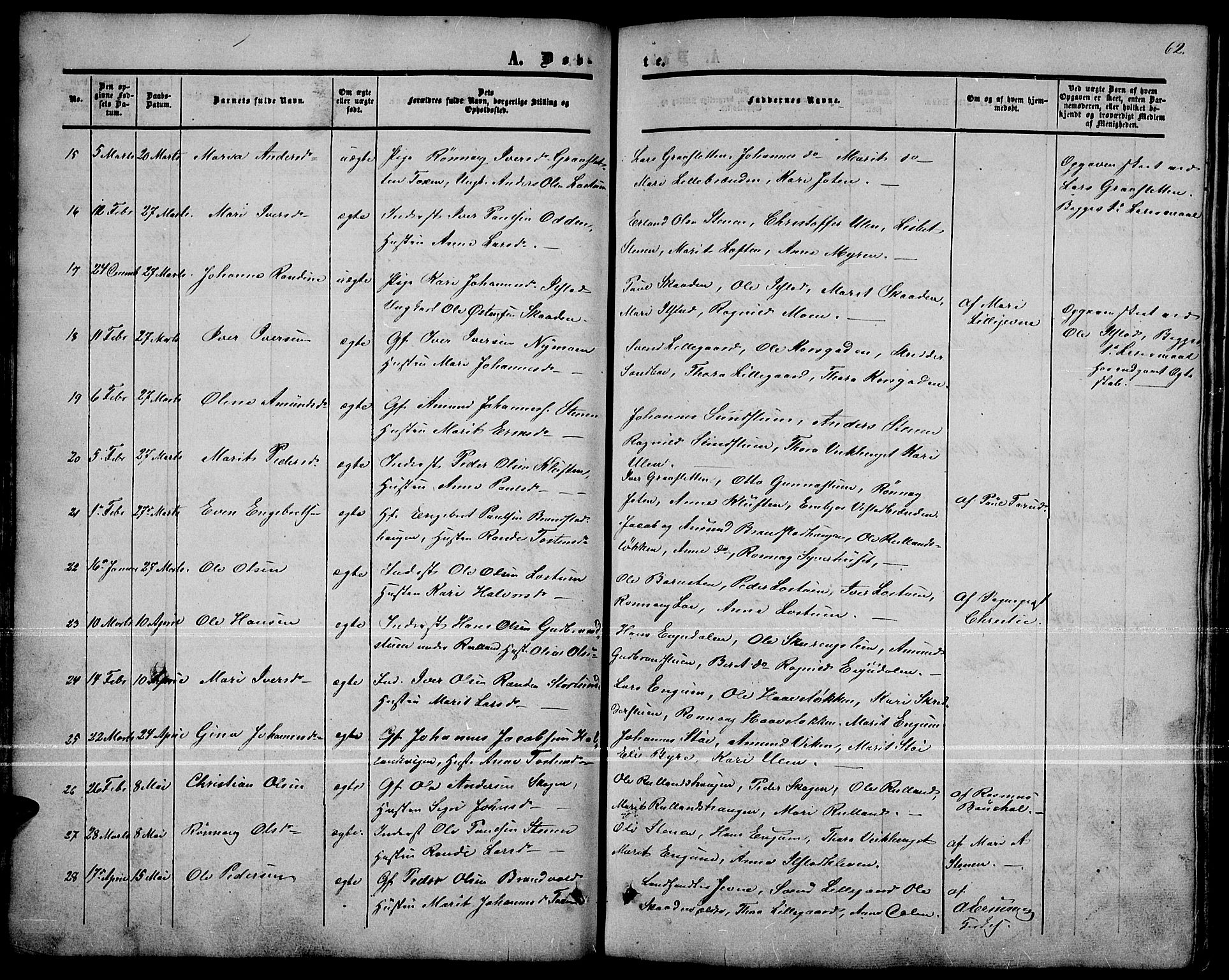 Nord-Fron prestekontor, AV/SAH-PREST-080/H/Ha/Hab/L0001: Parish register (copy) no. 1, 1851-1883, p. 62