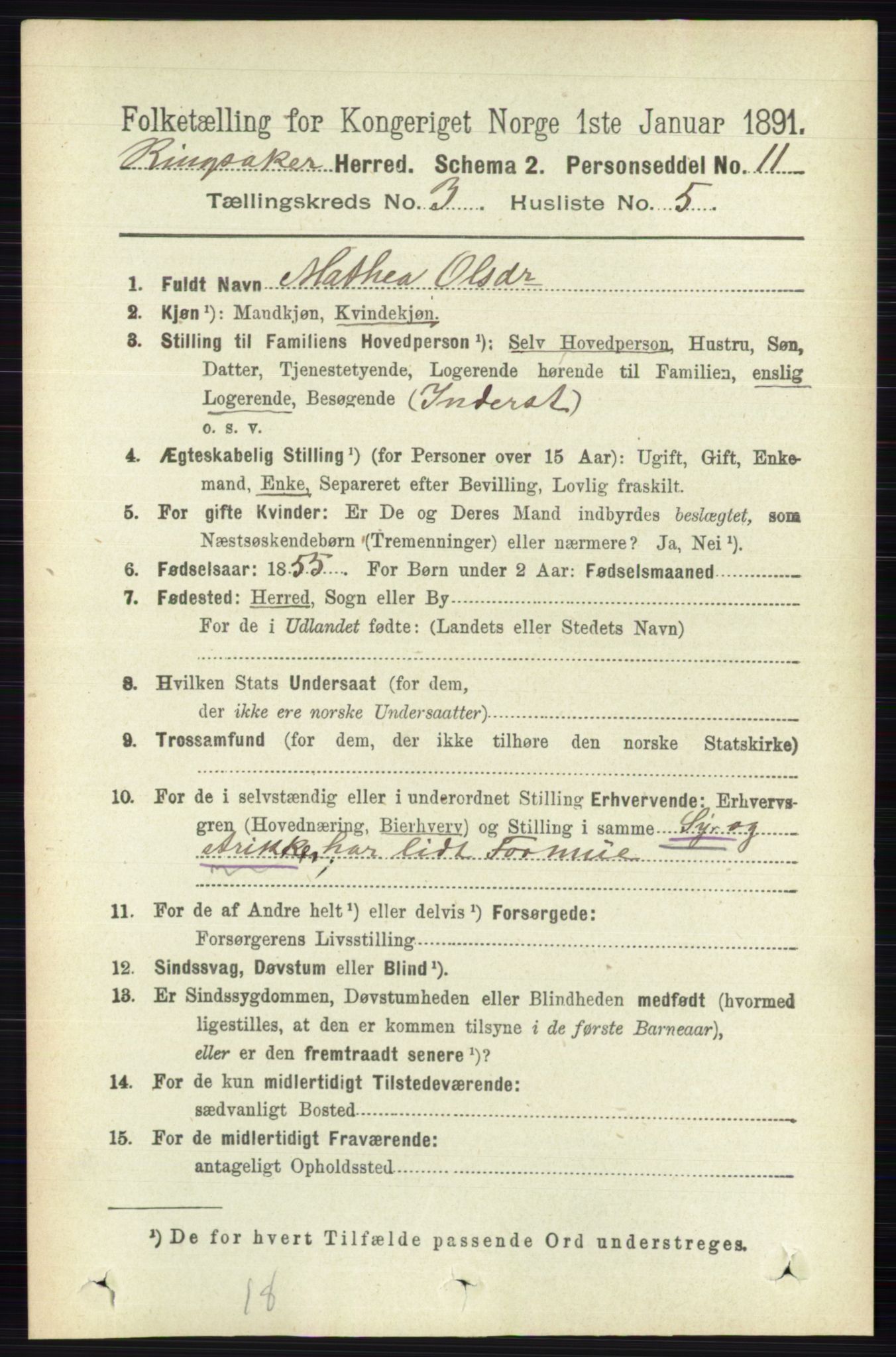 RA, 1891 census for 0412 Ringsaker, 1891, p. 1274