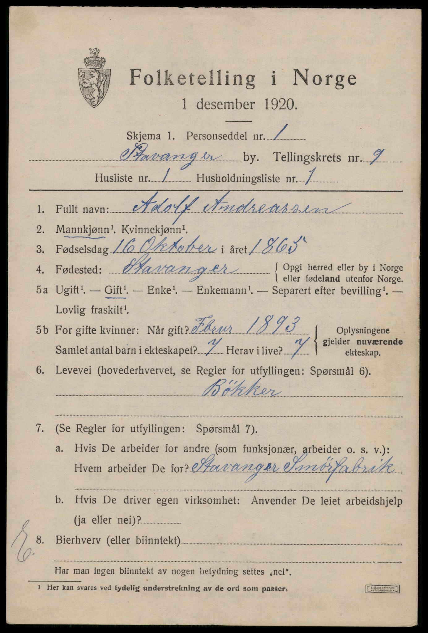 SAST, 1920 census for Stavanger, 1920, p. 49654