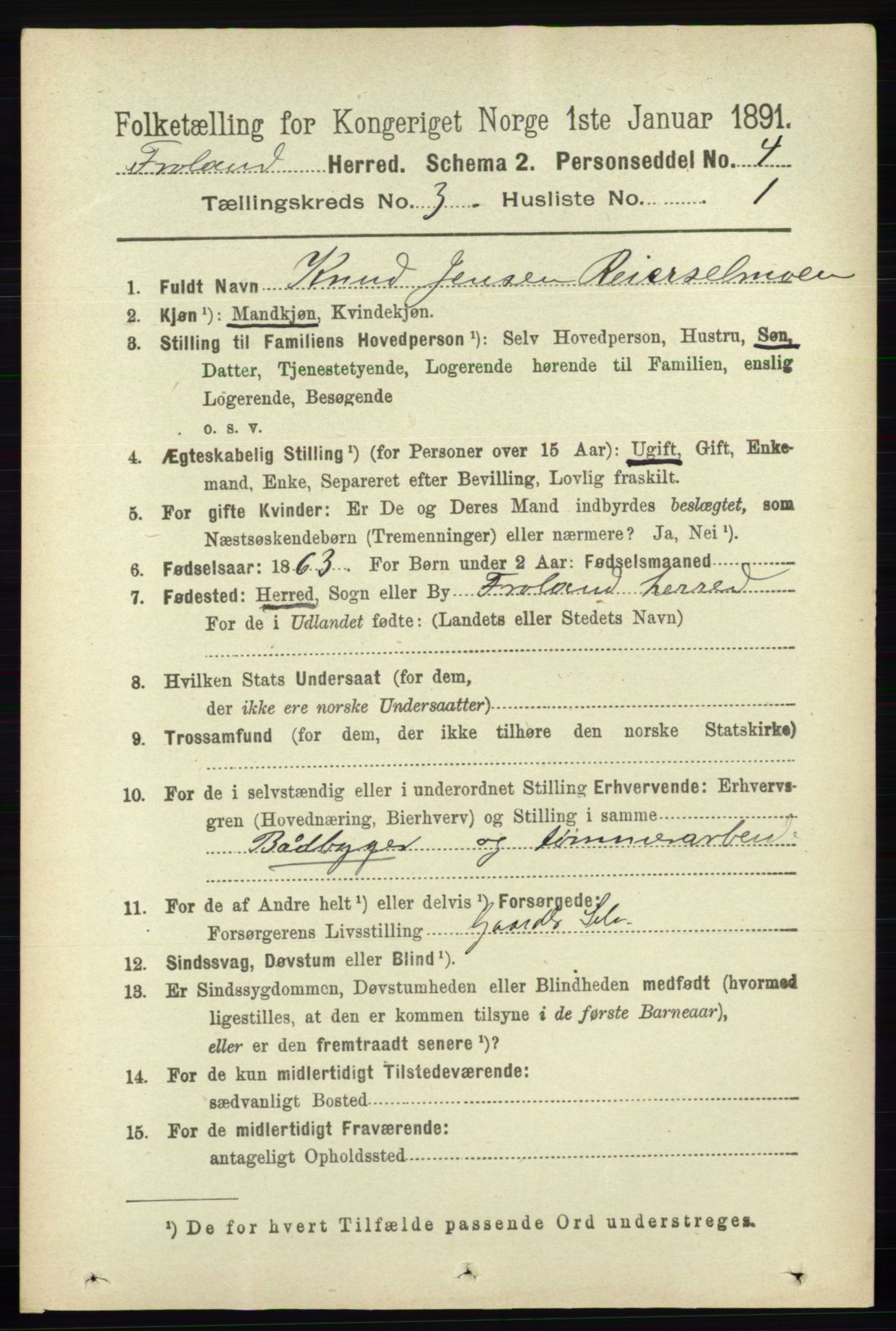 RA, 1891 census for 0919 Froland, 1891, p. 1018