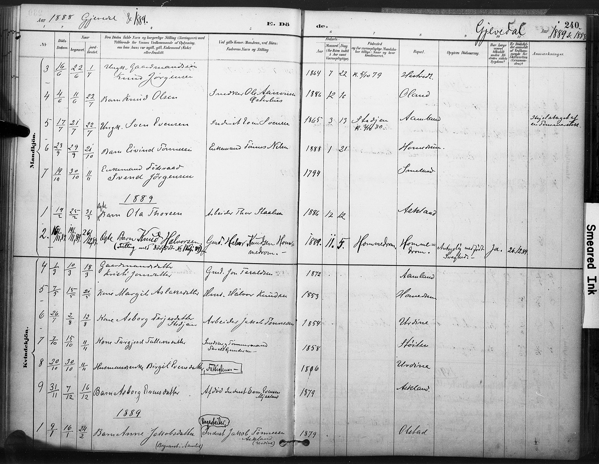 Åmli sokneprestkontor, SAK/1111-0050/F/Fa/Fac/L0010: Parish register (official) no. A 10 /2, 1885-1899, p. 240