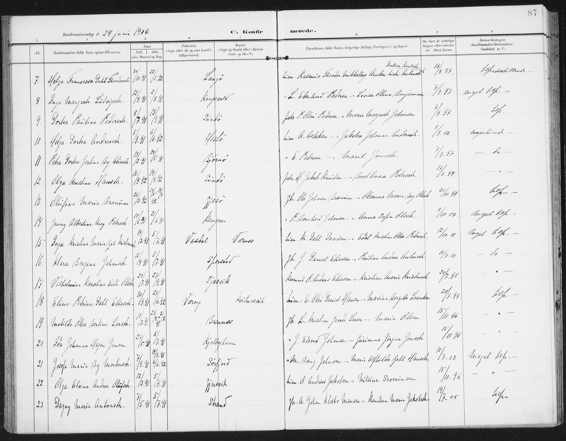 Ministerialprotokoller, klokkerbøker og fødselsregistre - Nordland, AV/SAT-A-1459/841/L0612: Parish register (official) no. 841A15, 1902-1910, p. 87