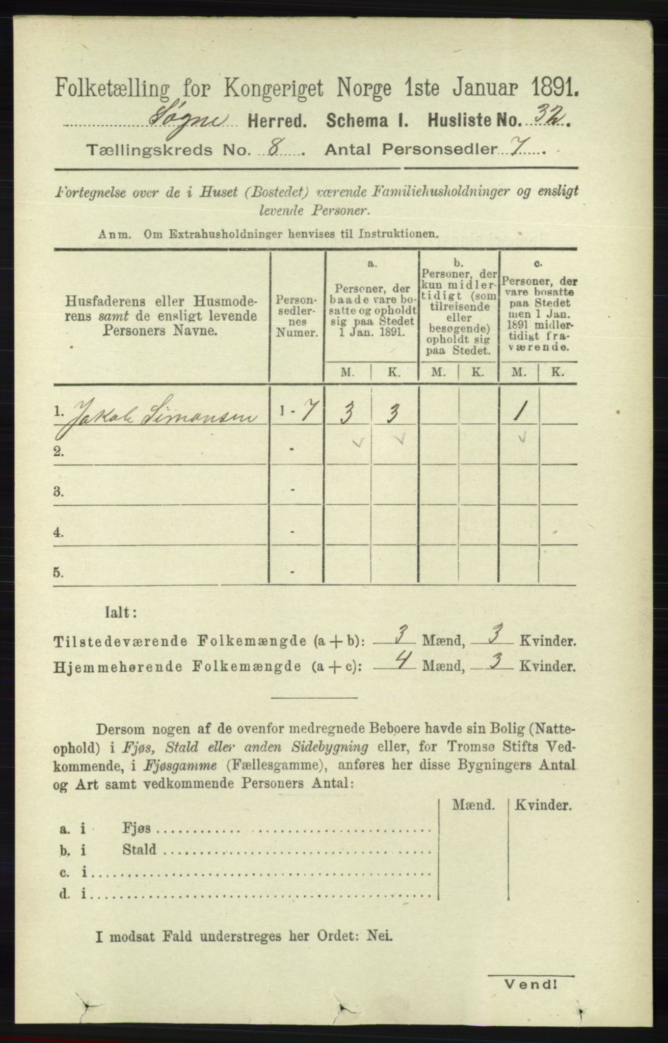 RA, 1891 census for 1018 Søgne, 1891, p. 2199