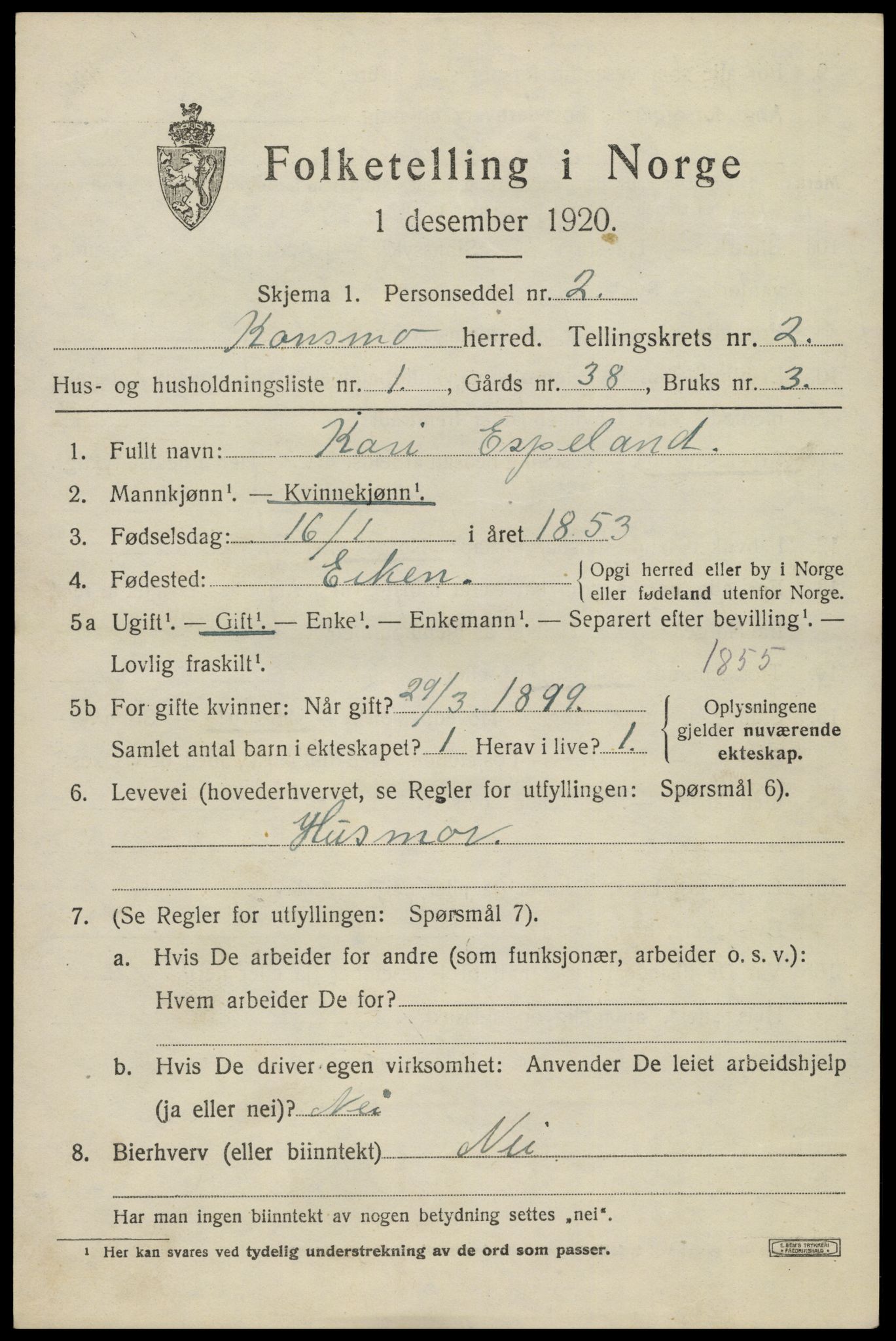 SAK, 1920 census for Konsmo, 1920, p. 986