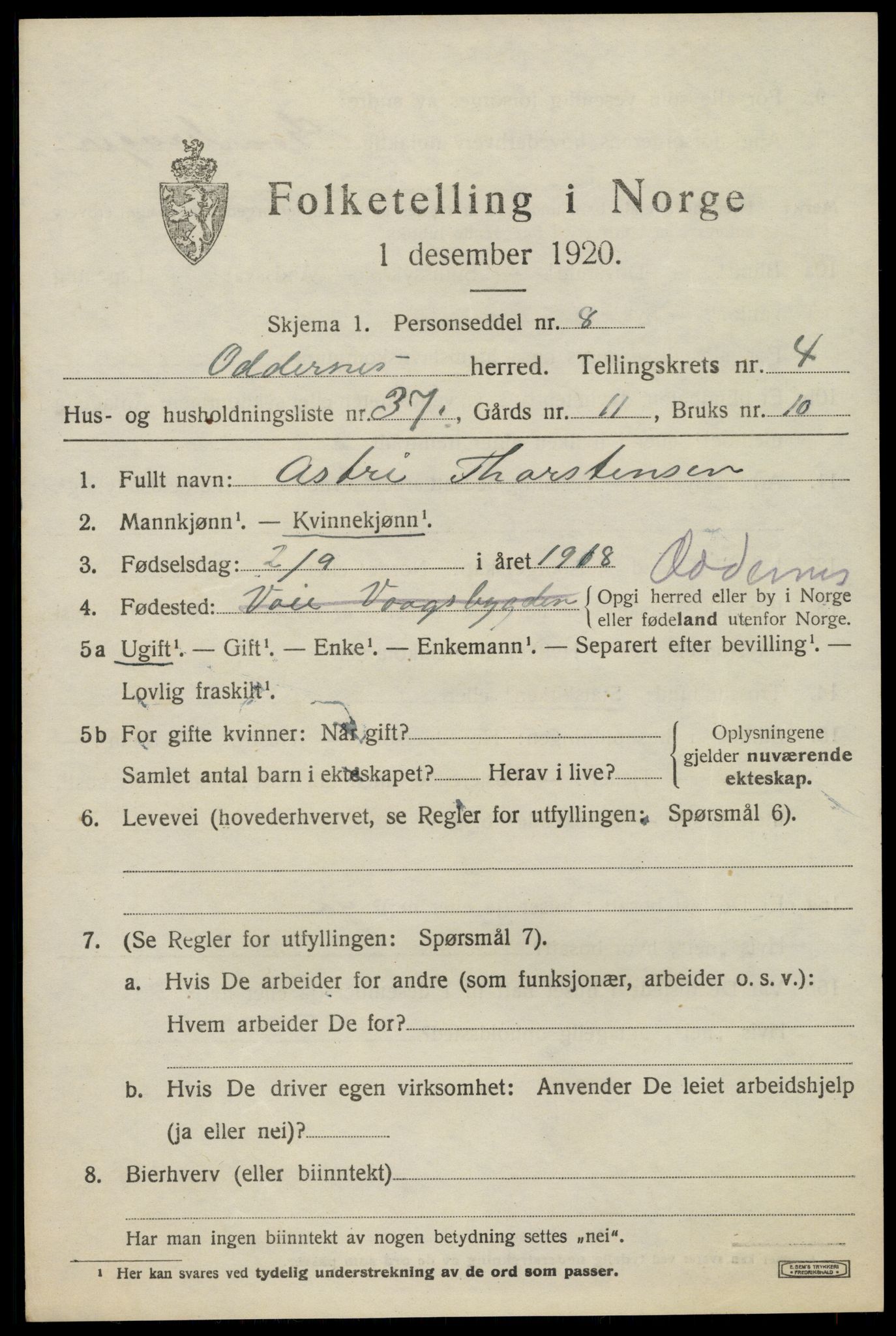 SAK, 1920 census for Oddernes, 1920, p. 4405