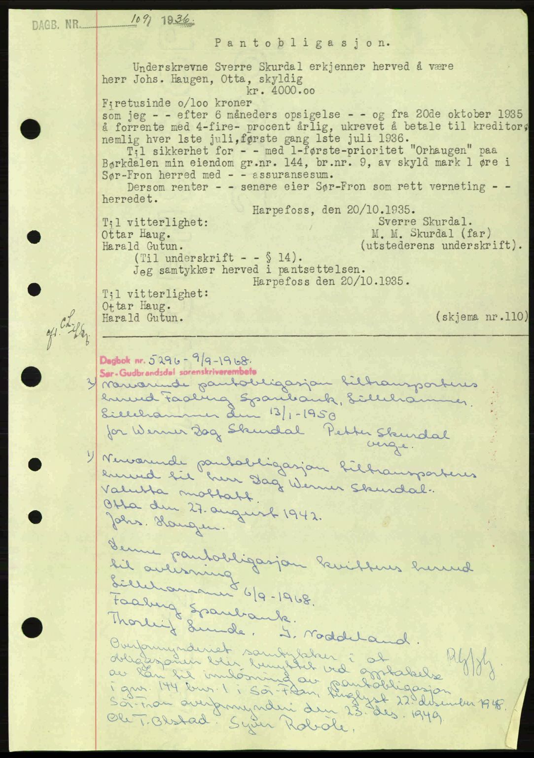 Sør-Gudbrandsdal tingrett, SAH/TING-004/H/Hb/Hbe/L0001: Mortgage book no. B1, 1936-1939, Diary no: : 109/1936
