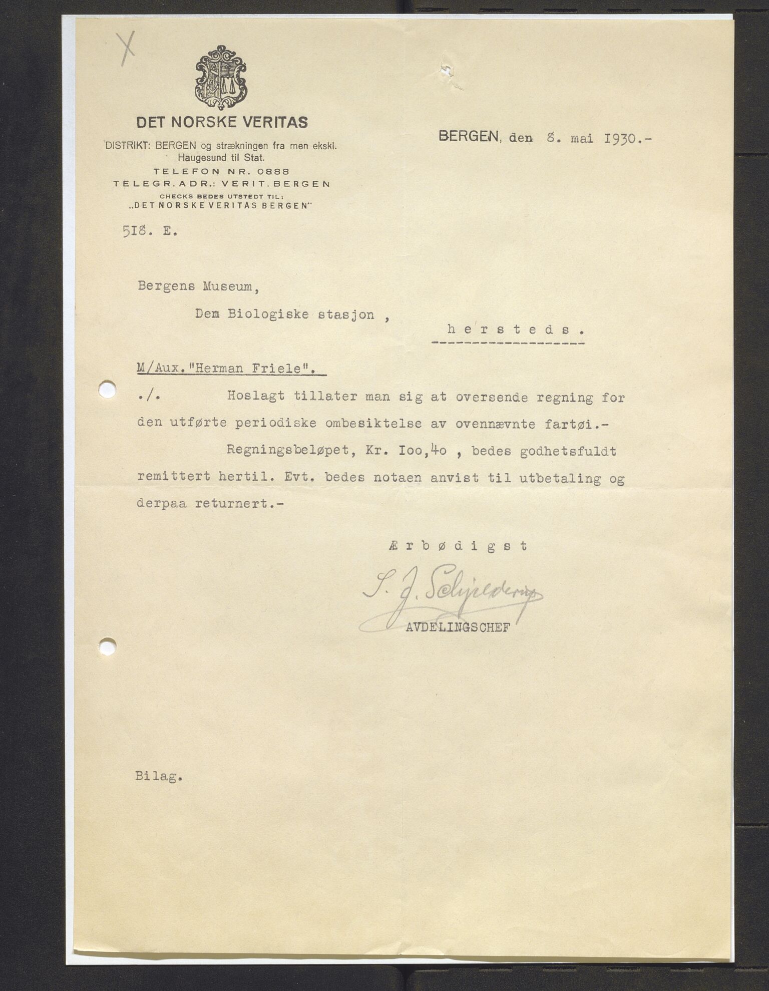 Bergens Museum, AV/SAB-A-17301/13/D/L0002: Korrespondanse , 1928-1940, p. 277