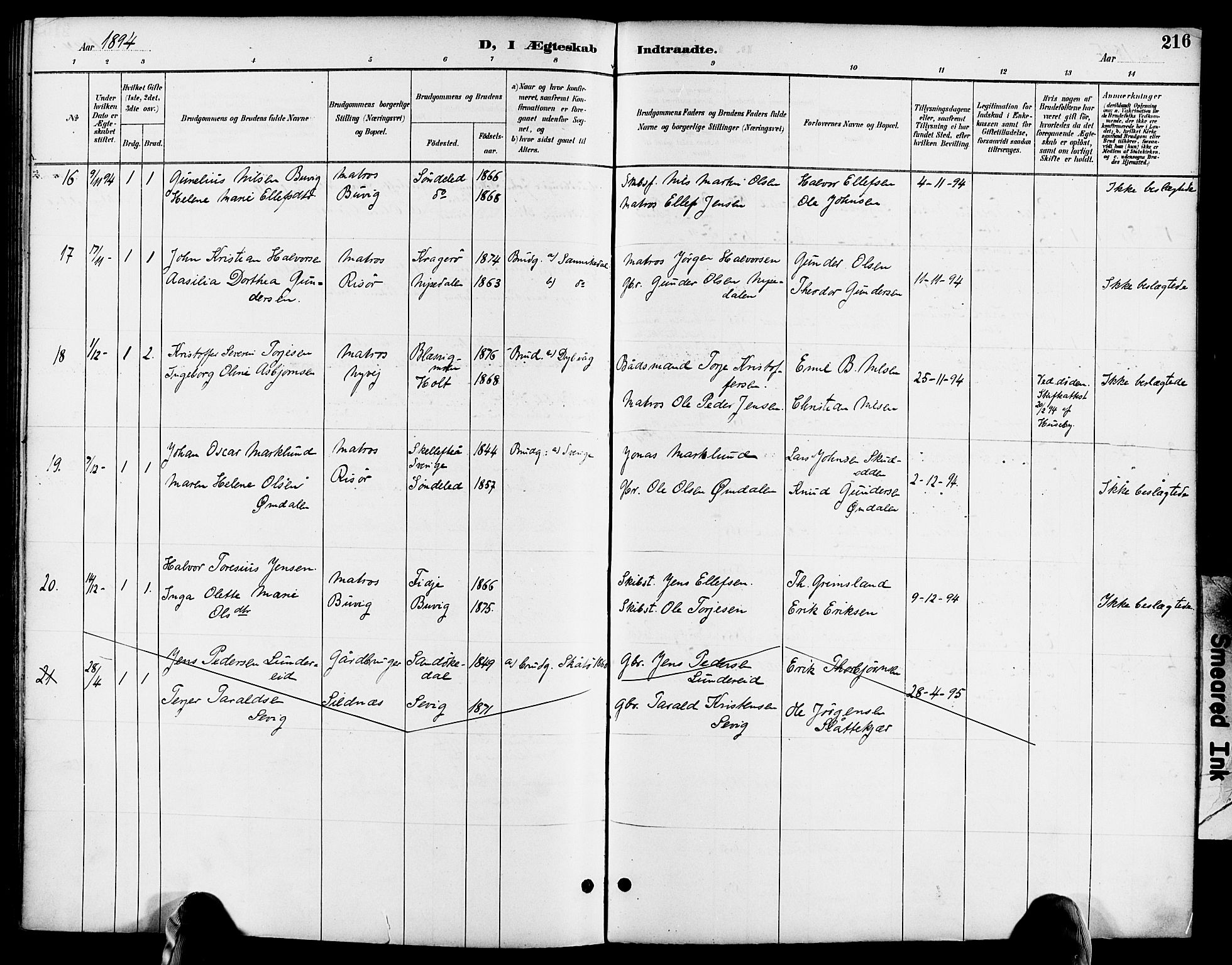 Søndeled sokneprestkontor, AV/SAK-1111-0038/F/Fa/L0005: Parish register (official) no. A 5, 1889-1899, p. 216