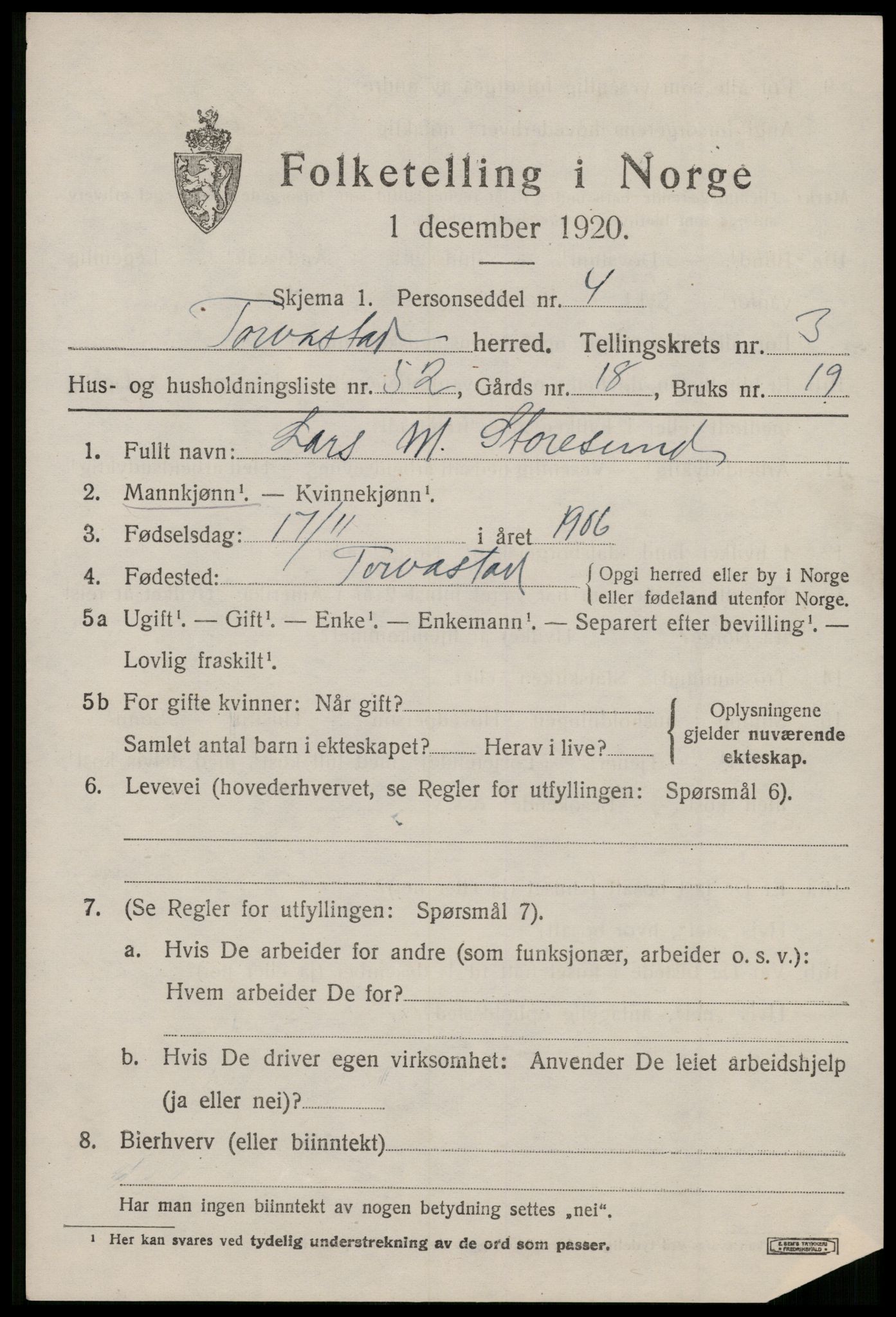SAST, 1920 census for Torvastad, 1920, p. 3512