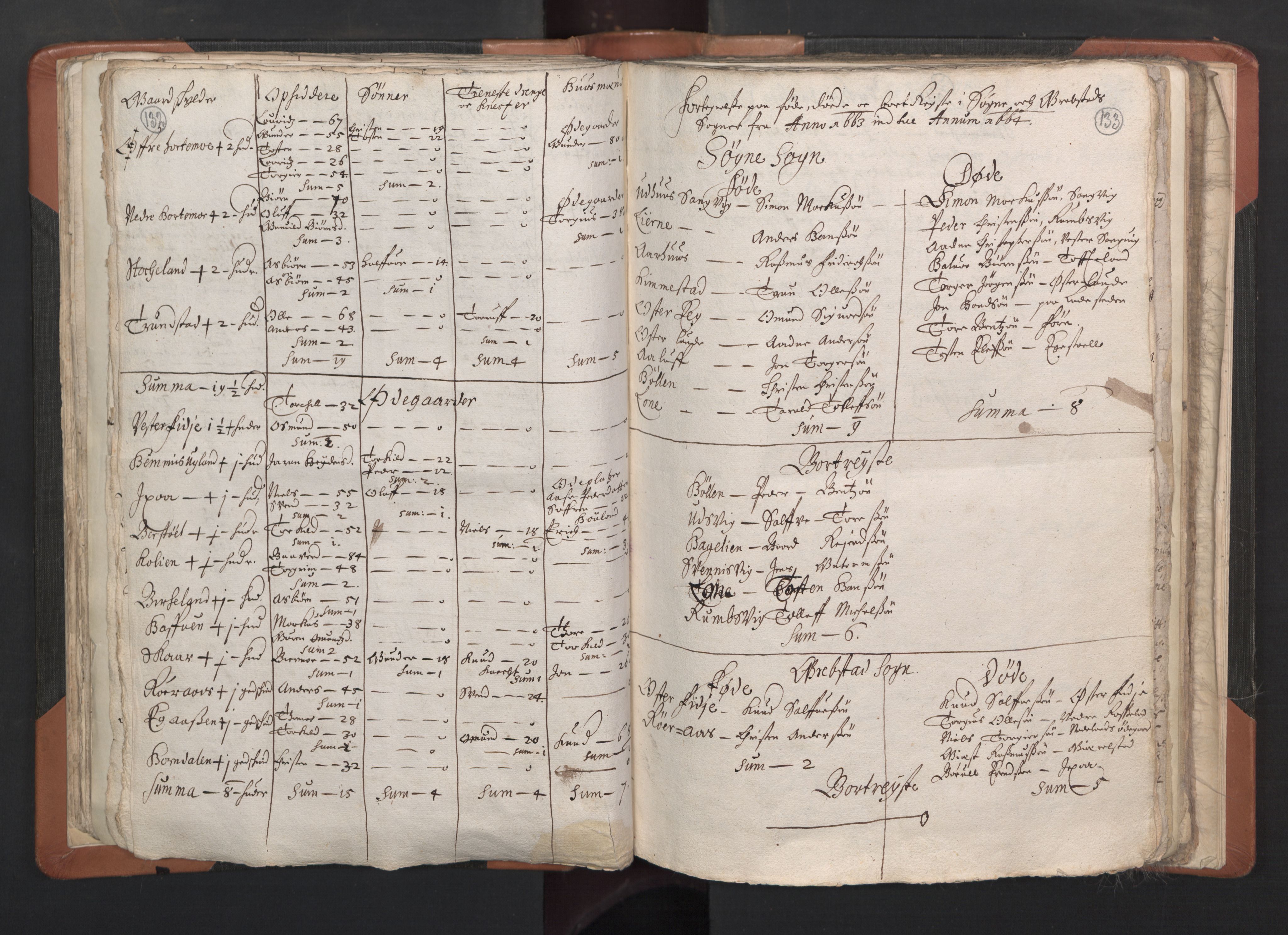 RA, Vicar's Census 1664-1666, no. 15: Mandal deanery, 1664-1666, p. 132-133