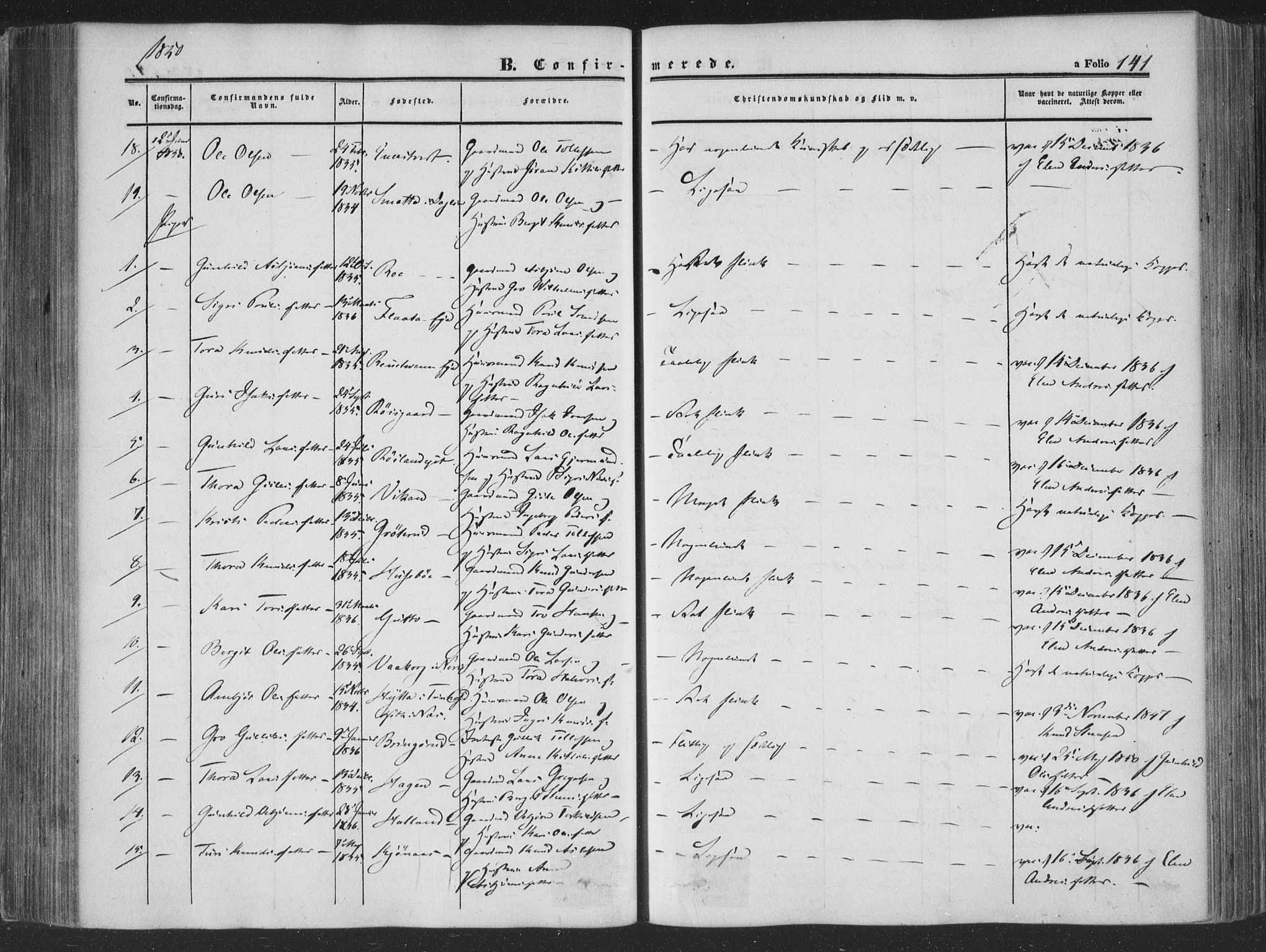 Rollag kirkebøker, AV/SAKO-A-240/F/Fa/L0008: Parish register (official) no. I 8, 1847-1860, p. 141