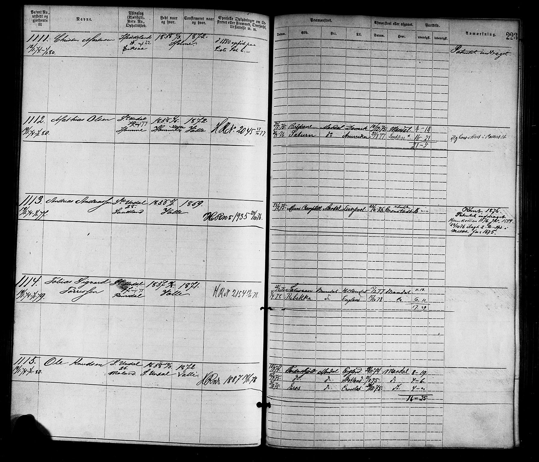 Mandal mønstringskrets, SAK/2031-0016/F/Fa/L0001: Annotasjonsrulle nr 1-1920 med register, L-3, 1869-1881, p. 258