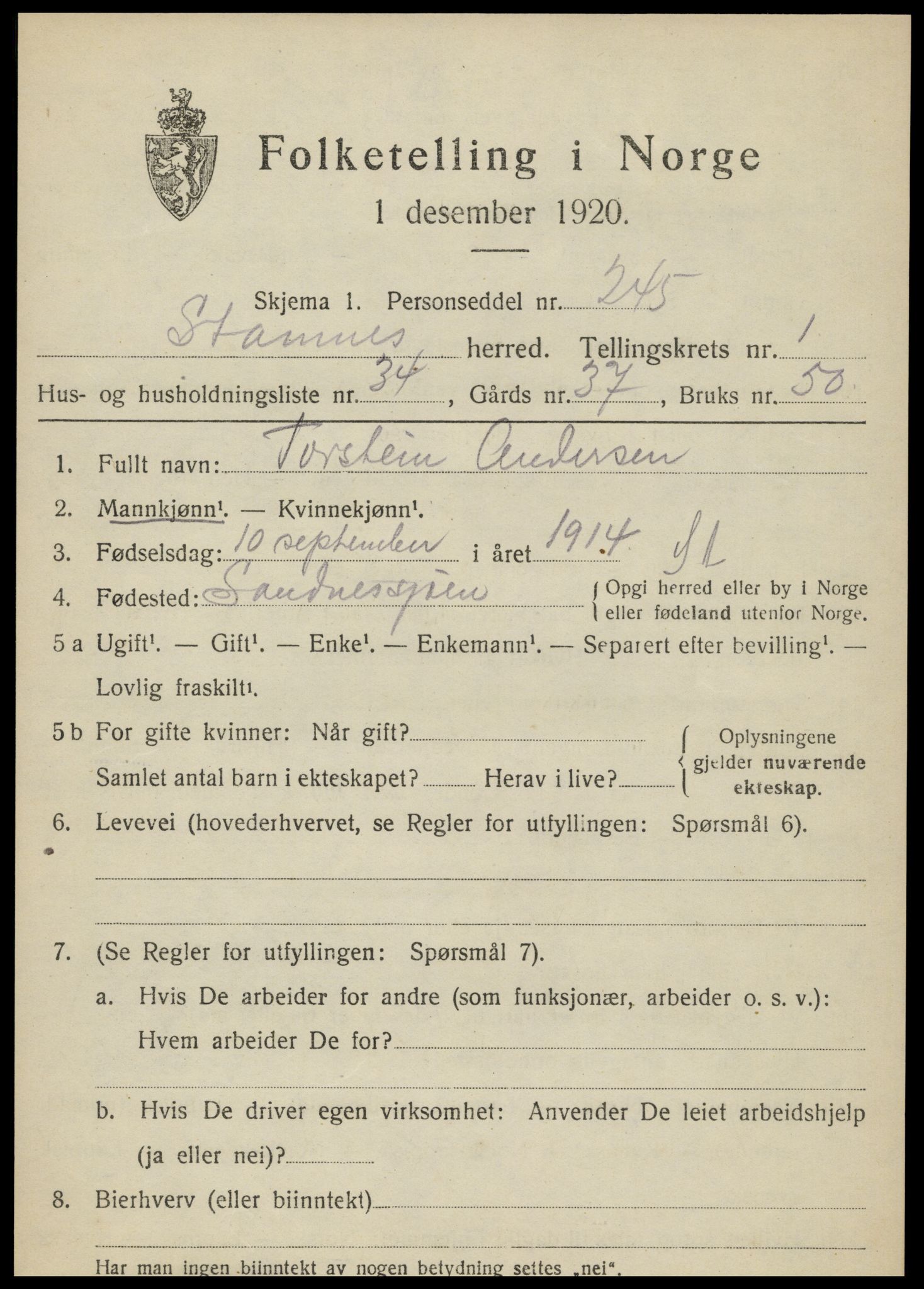 SAT, 1920 census for Stamnes, 1920, p. 1056