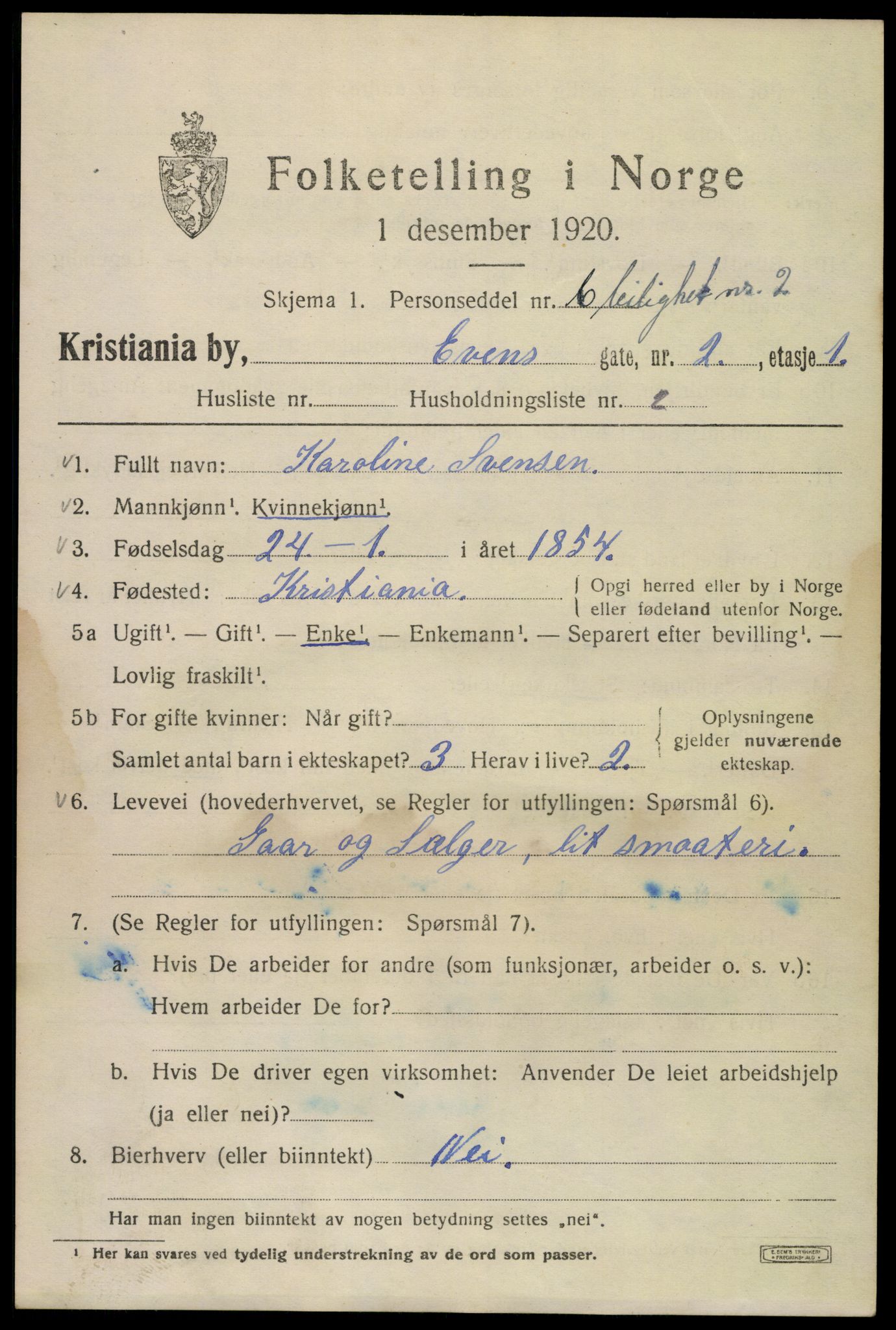 SAO, 1920 census for Kristiania, 1920, p. 224743