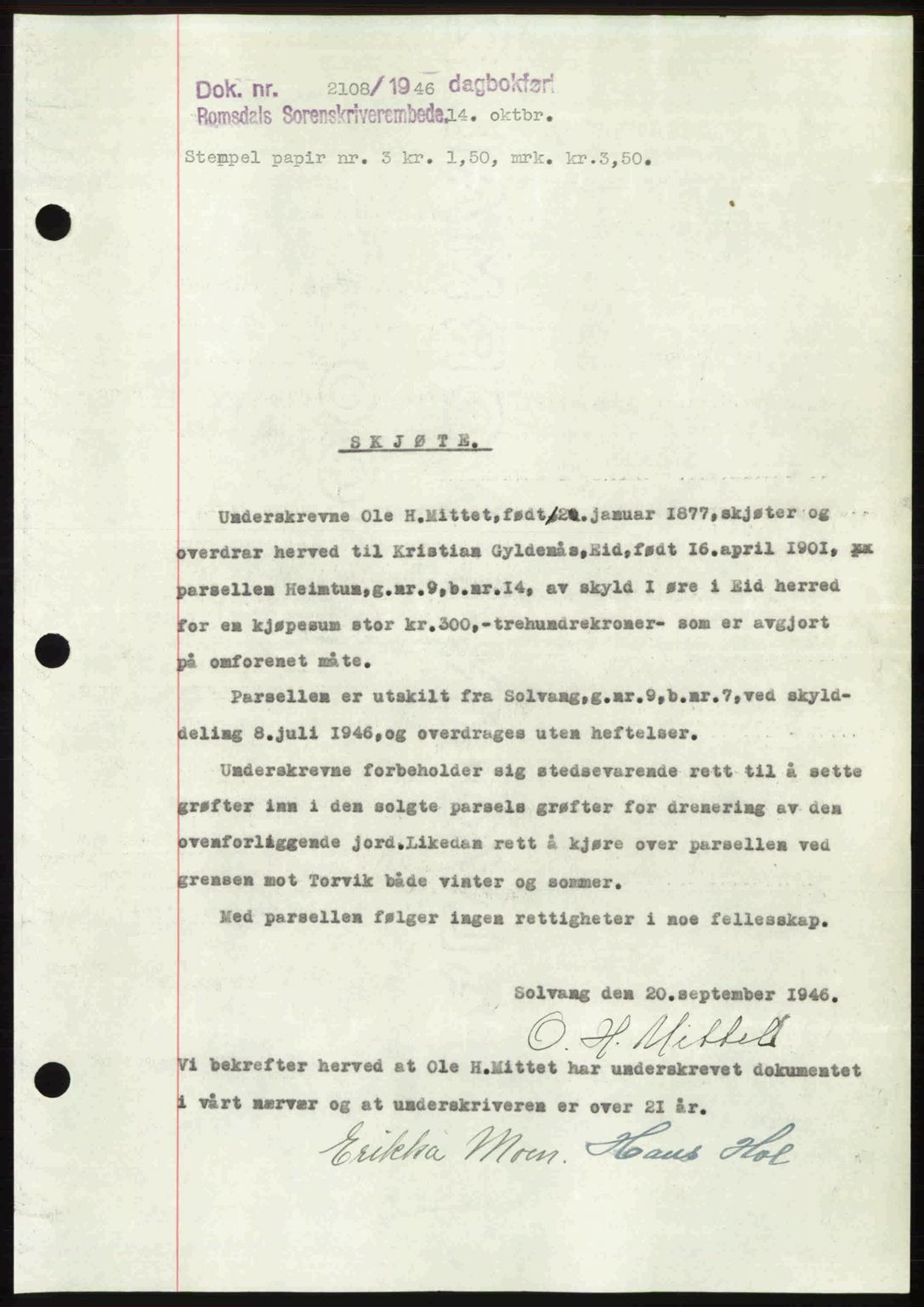 Romsdal sorenskriveri, AV/SAT-A-4149/1/2/2C: Mortgage book no. A21, 1946-1946, Diary no: : 2108/1946