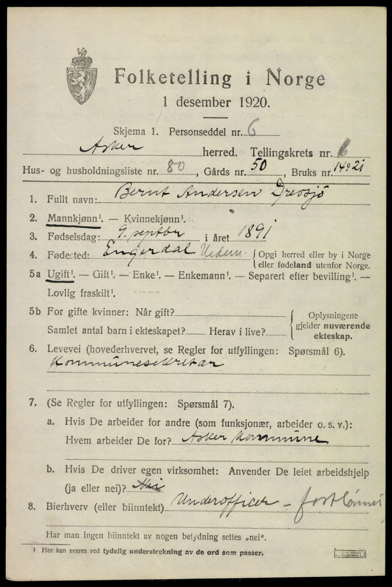 SAO, 1920 census for Asker, 1920, p. 3522