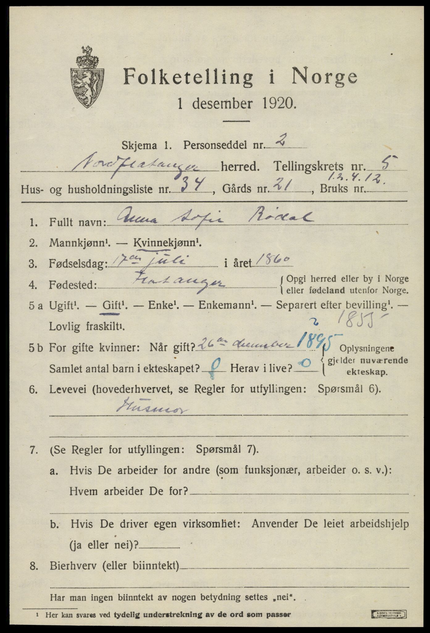 SAT, 1920 census for Flatanger, 1920, p. 2788