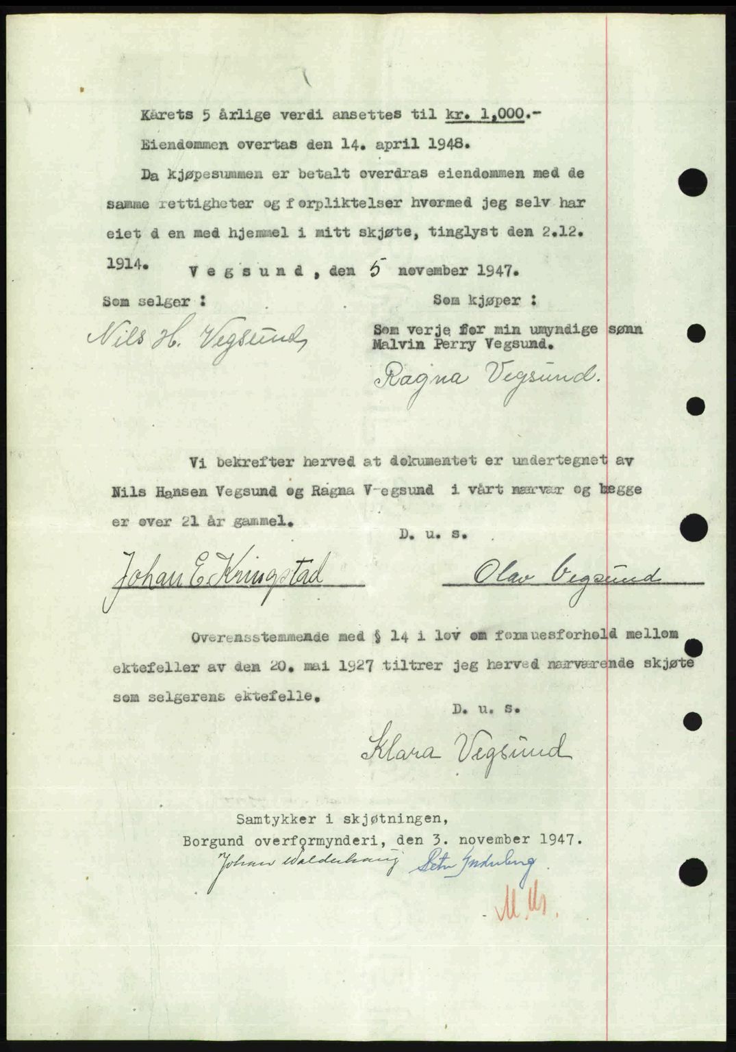 Nordre Sunnmøre sorenskriveri, AV/SAT-A-0006/1/2/2C/2Ca: Mortgage book no. A26, 1947-1948, Diary no: : 2163/1947