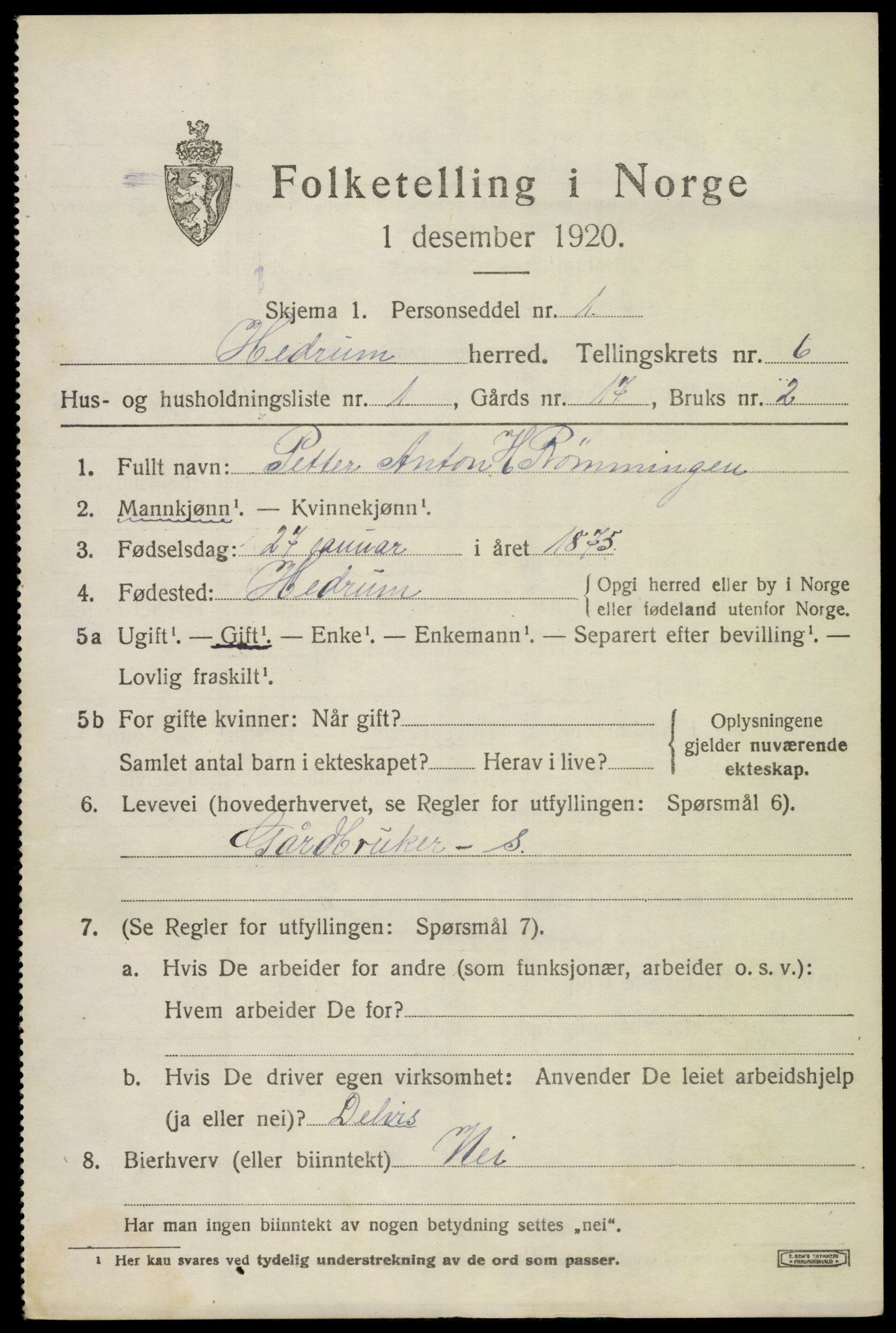 SAKO, 1920 census for Hedrum, 1920, p. 5535