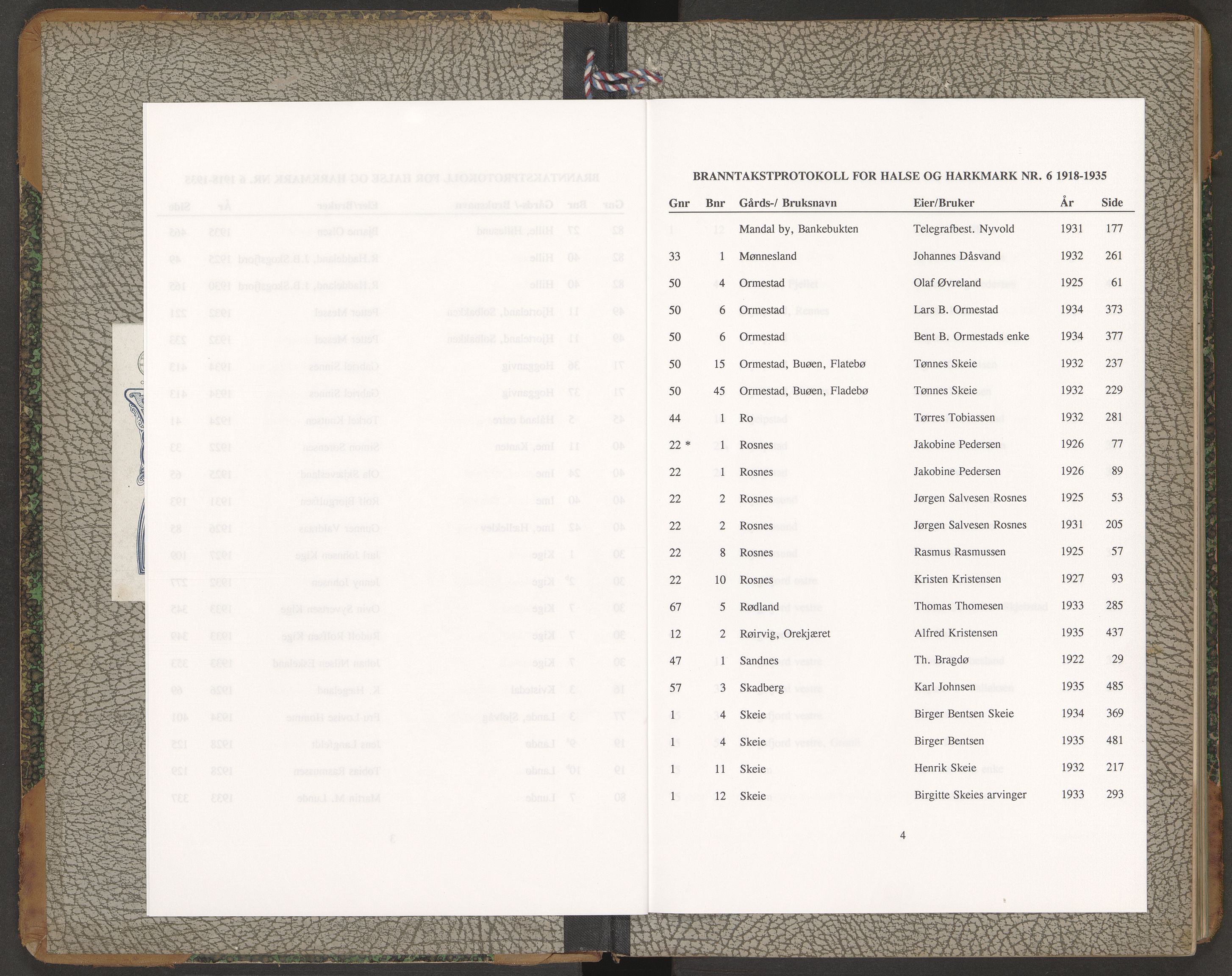 Norges Brannkasse Halse og Harkmark, AV/SAK-2241-0020/F/Fa/L0006: Branntakstprotokoll nr. 6 med gårdsnavnregister, 1918-1935