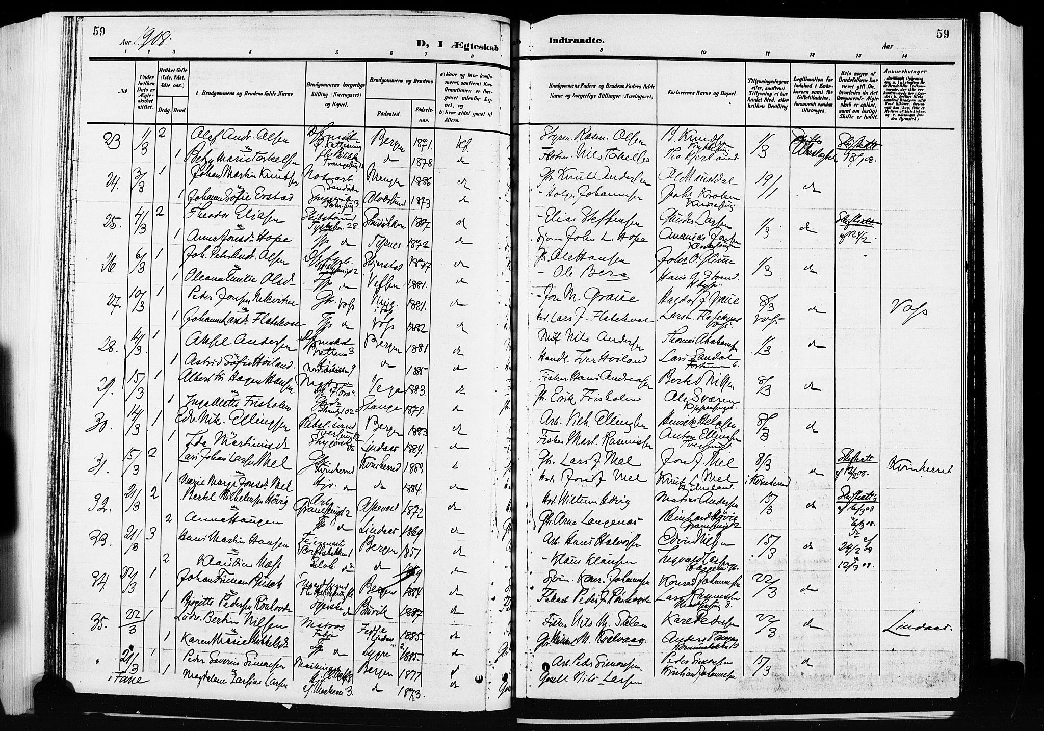 Nykirken Sokneprestembete, SAB/A-77101/H/Hab: Parish register (copy) no. D 3, 1905-1913, p. 59
