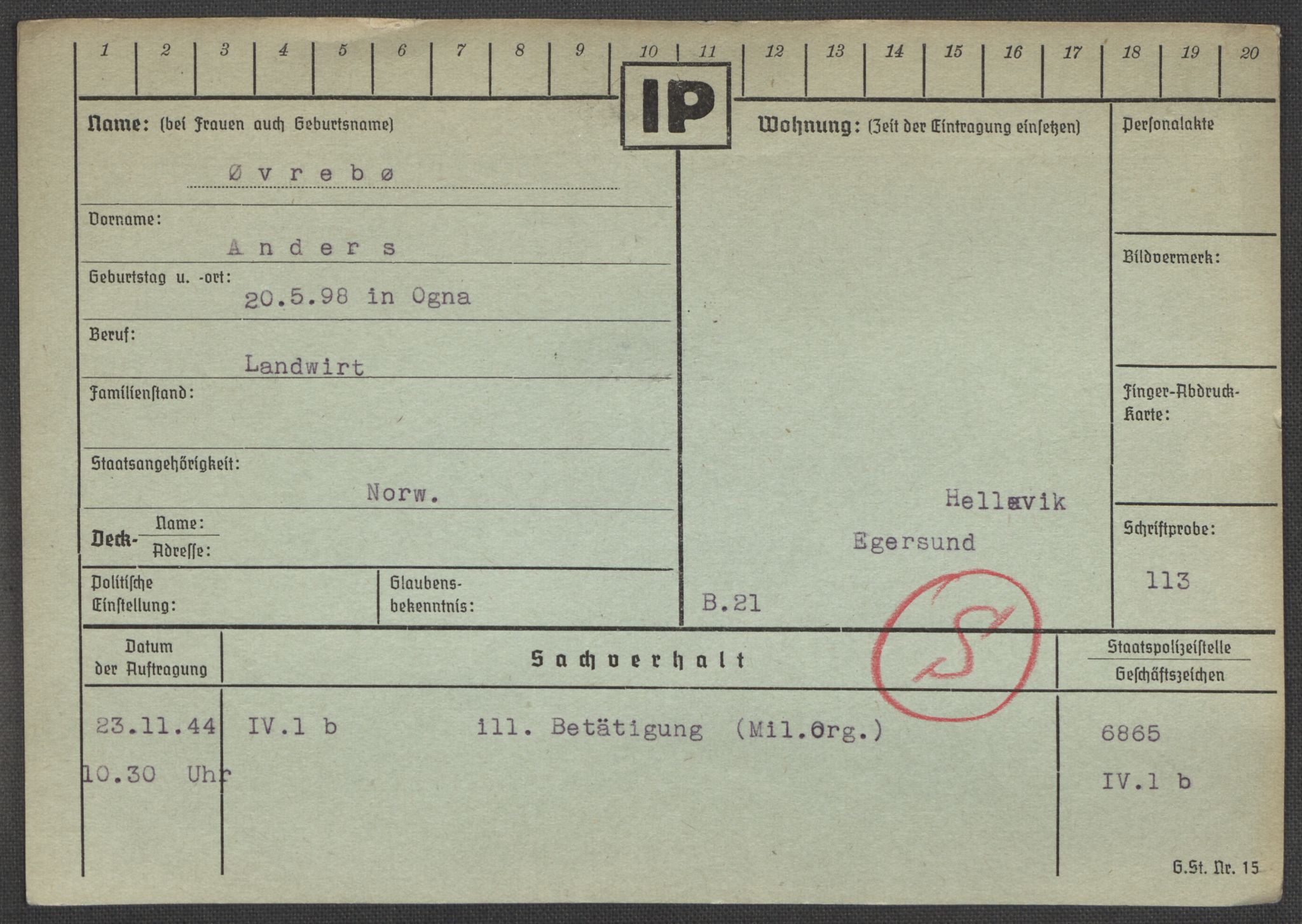 Befehlshaber der Sicherheitspolizei und des SD, AV/RA-RAFA-5969/E/Ea/Eaa/L0010: Register over norske fanger i Møllergata 19: Sø-Å, 1940-1945, p. 1358